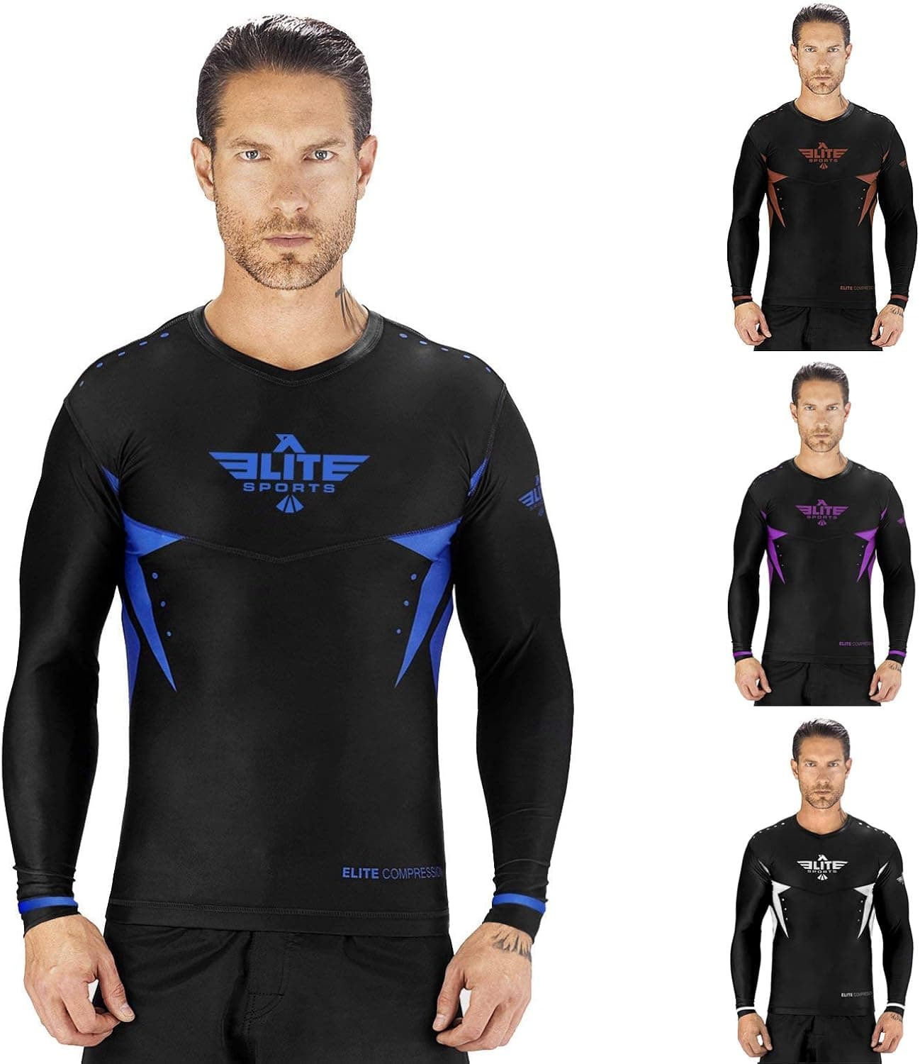 Elite Sports New Item Star Full Sleeve Compression, MMA, BJJ, No-Gi, Cross Training Rash Guard (Blue, Medium)