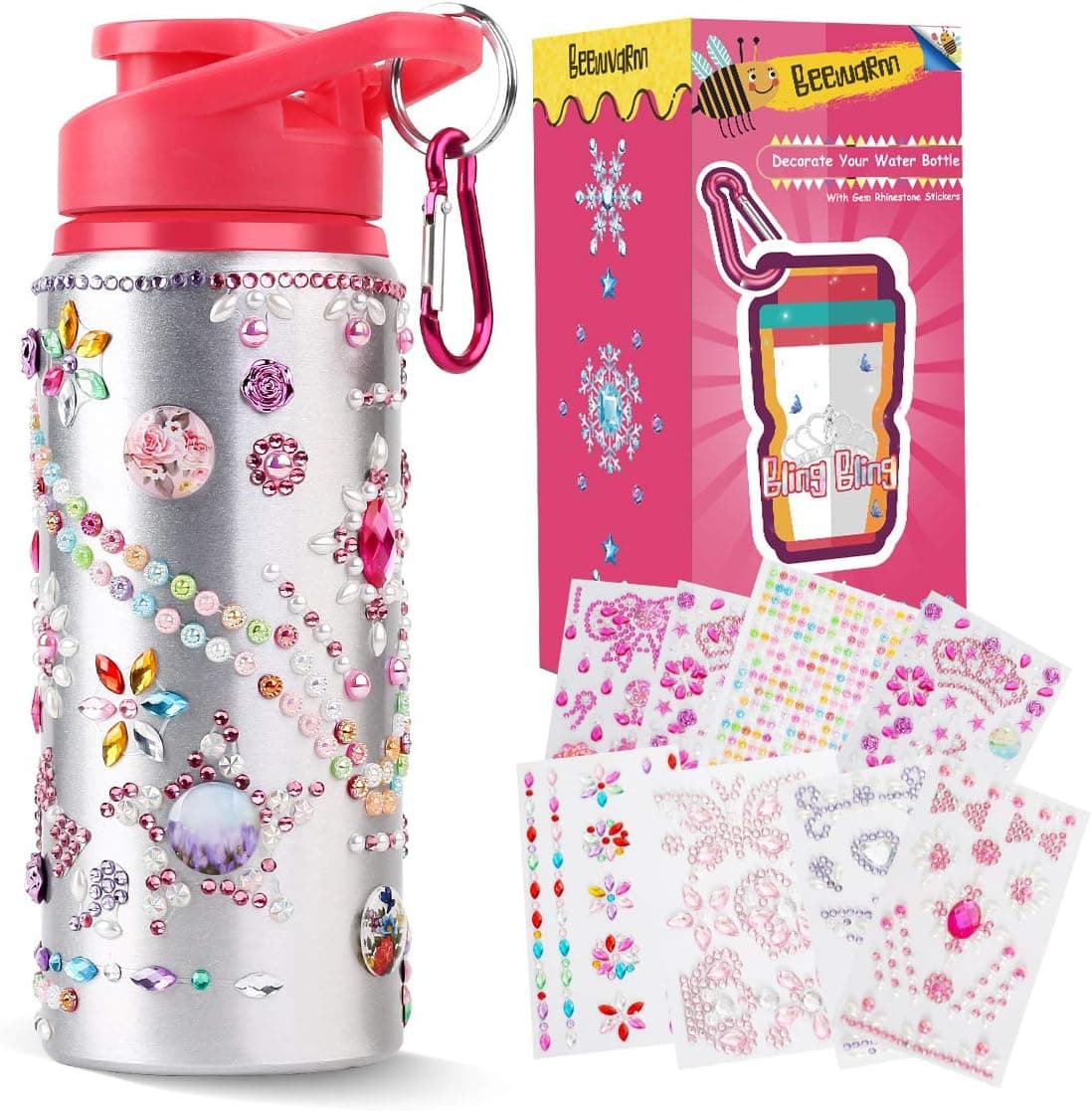 Cullaby Gift for Girls, Decorate & Personalize Your Own Water Bottles with Tons of Rhinestone Glitter Gem Stickers, Reusable BPA Free Kids Water Bottles Gift, Fun DIY Art and Craft for Kid Pink