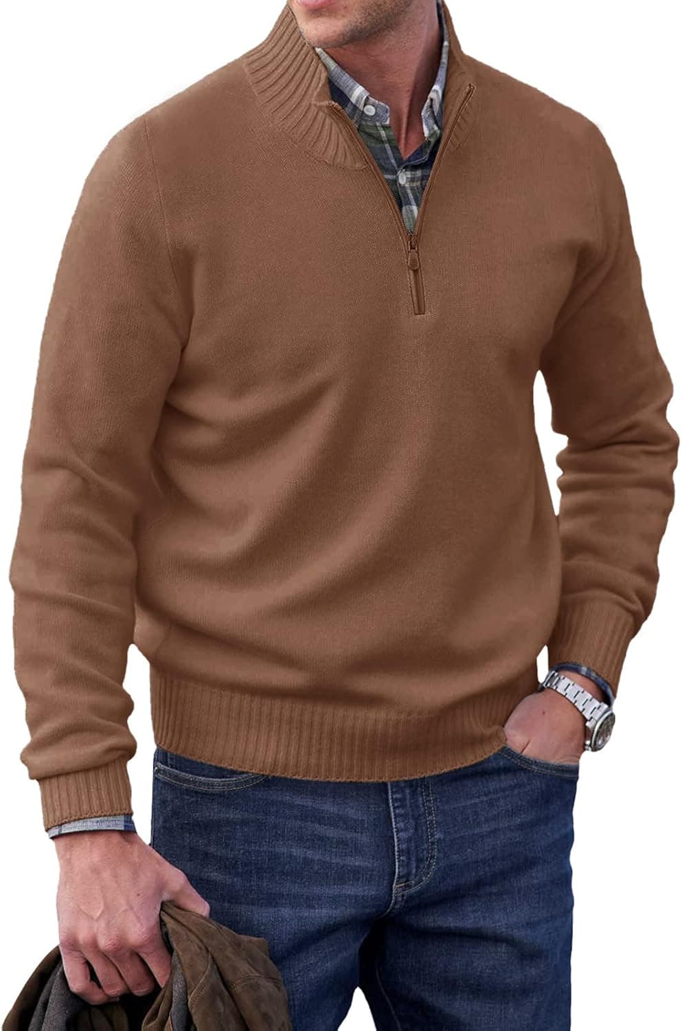 Mens Ribbed Collar Pullover Sweaters Quarter Zip Casual Knitted Soft Polo Sweaters