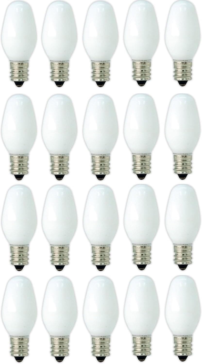 Pack of 20 7C7 7-watt C7 Incandescent Night Light Bulb, White, Candelabra (E12) Base Replacement Light Bulbs for Electric Candle Lamps