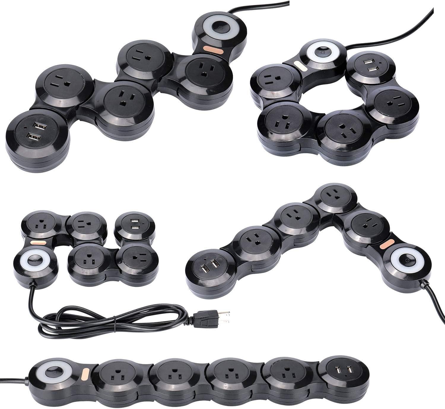 HLS Black Transformer Surge Protector Multi-outlets Rotating in 180°Flexibly 4-Outlet Power Strip with 2 USB Ports Extension Cord flat plug