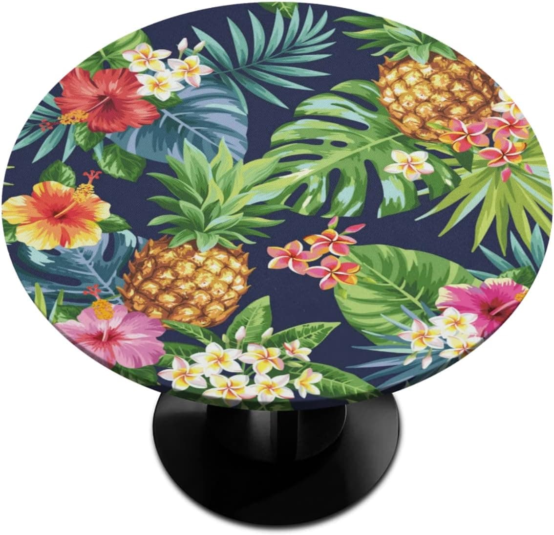 Round Fitted Tablecloth Pineapple Palm Tree Table Cover with Elastic Edge for Round Table, Oil-Proof Waterproof Wipeable Table Linen, Fits Tables up to 45" - 56" Diameter
