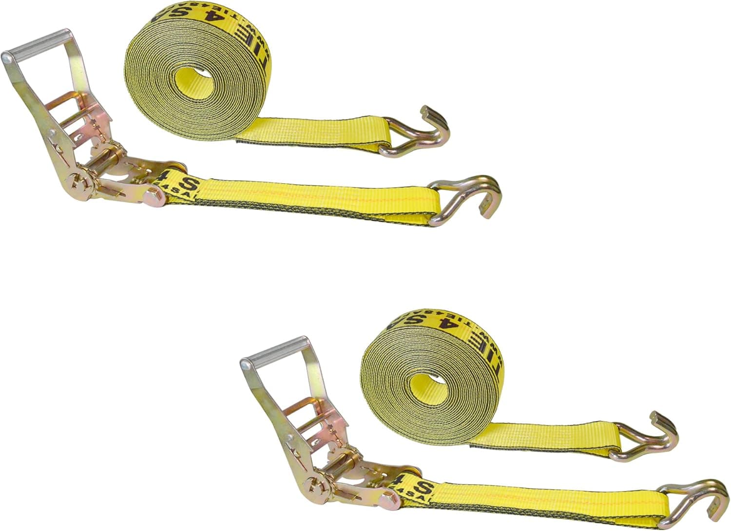 Mega Cargo Control 2” x 30’ Tie Down Double Wire J Hook Ratchet Straps for Trucks, Trailers & Powersports (Yellow, 2 Pack)