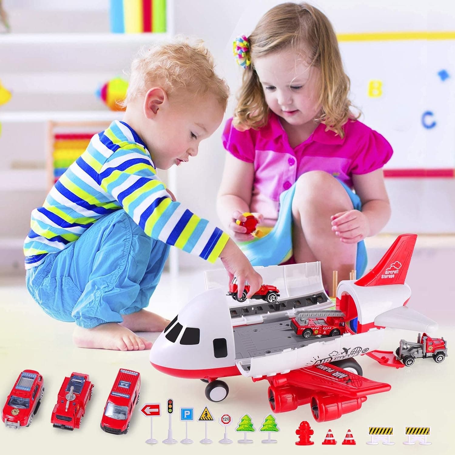 OKYUK Airplane Toy Set Transport Cargo Plane Play Toys for 3 4 5 6 7 8 Years Old Boys Girls Kids Christmas Birthday Gifts，6pcs Mini Die-Cast Car and Fire Truck Cars for Kids with Road Signs (Red )