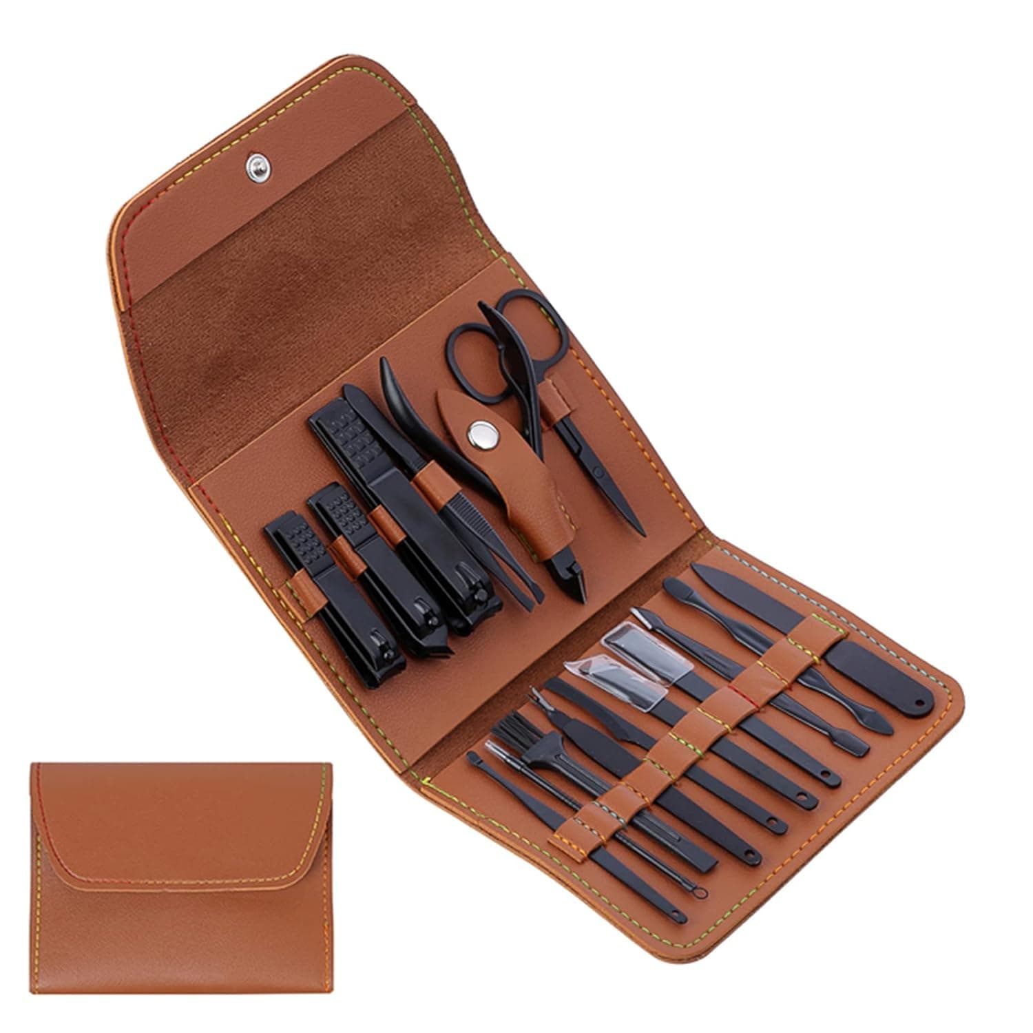 Manicure Kit, Stainless Steel Nail Clipper Set, Professional Pedicure Kit for Facial, Hand and Foot Care with Blue Leather Case - 16 Pieces, Brown