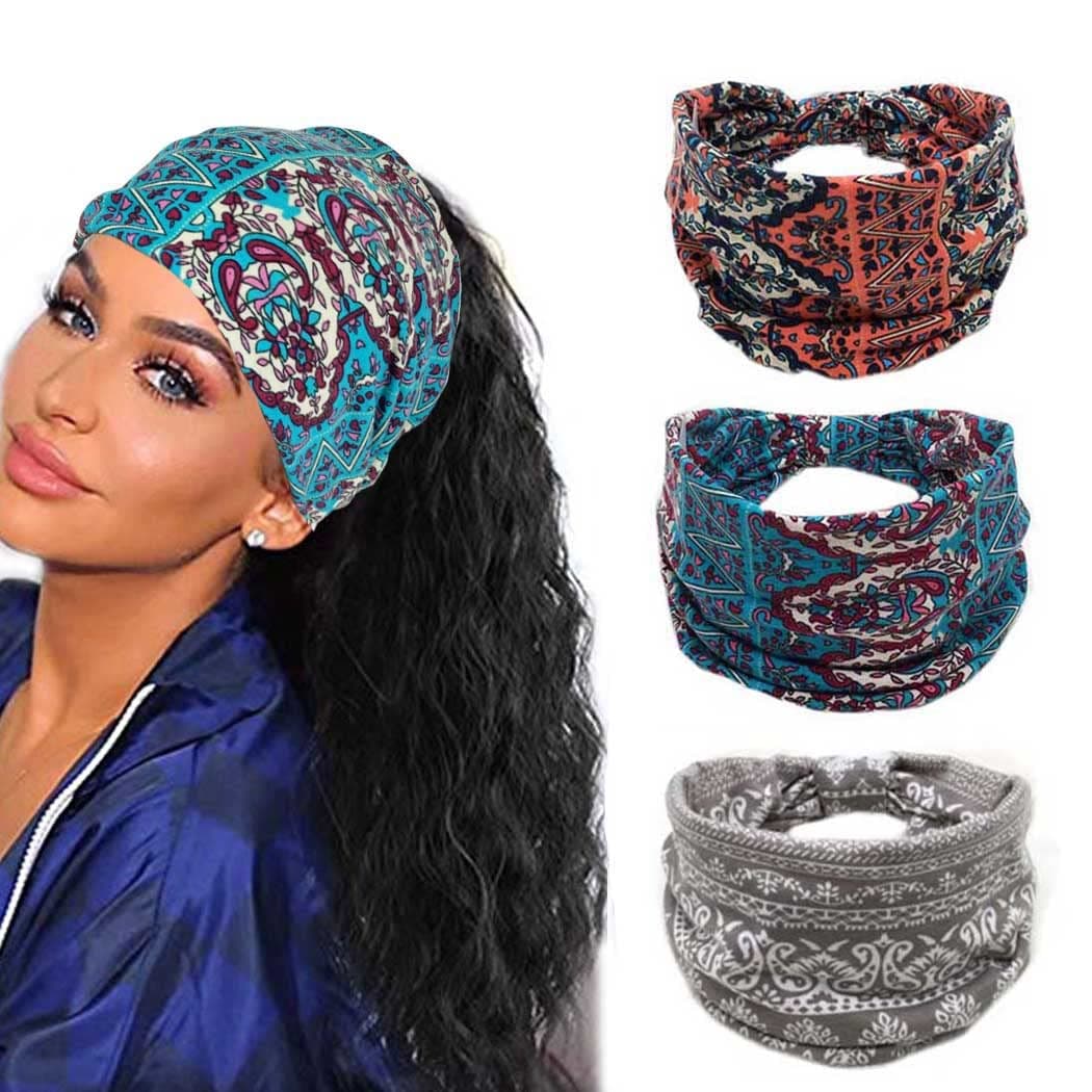 ORQEMG Women Boho Headband Wide Bohemian Elastic Sports Headwear Yoga Hair Band Workout Headwrap (No button)