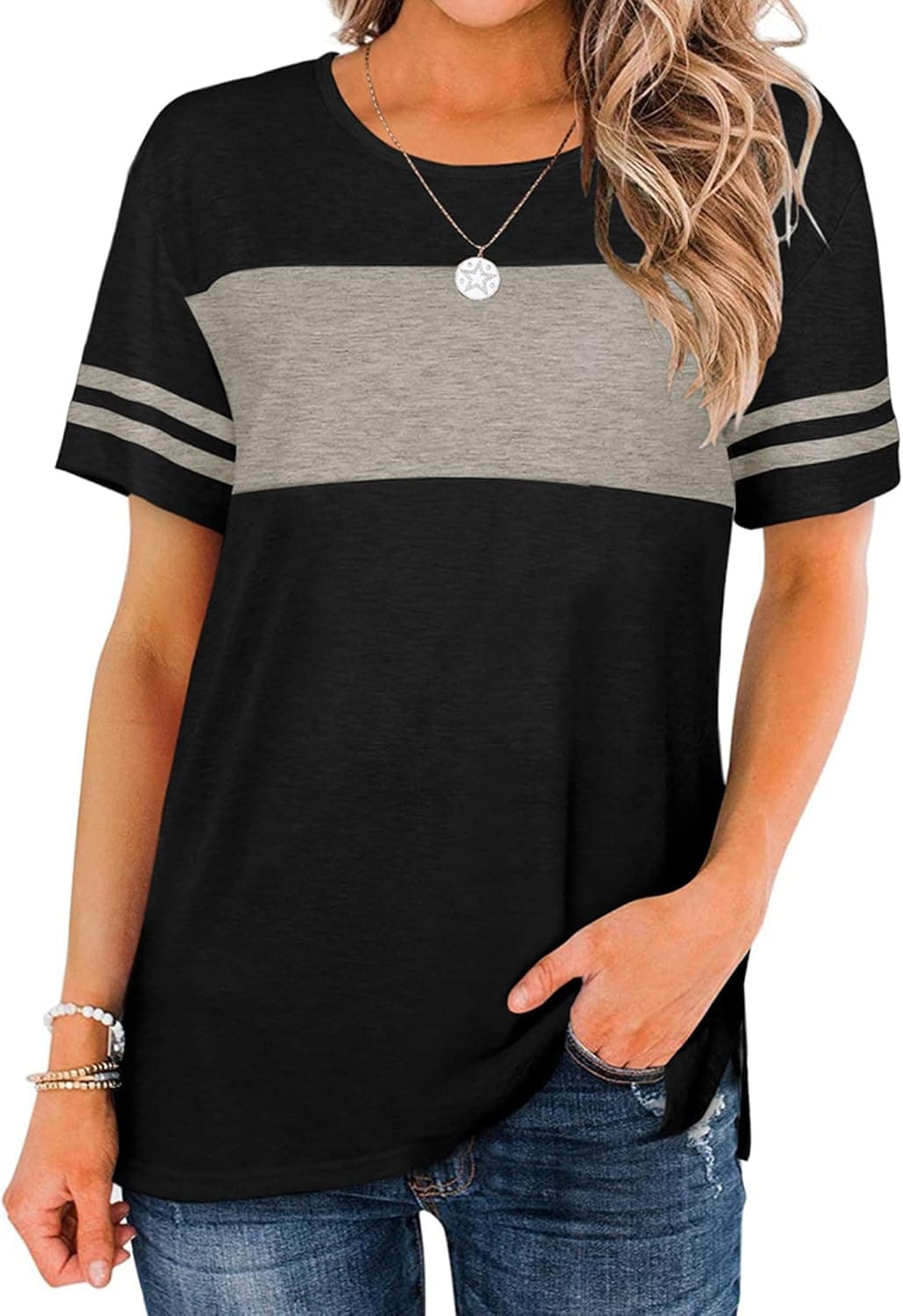 Bofell Womens Tshirts Short Sleeve Summer Tops Color Block Side Split Shirts Crew Neck