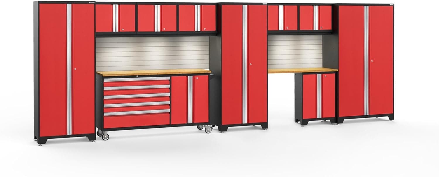 NewAge Products Inc. Bold 3.0 Garage Cabinets, Include Lights/Include Backsplash, Red with Bamboo Worktop