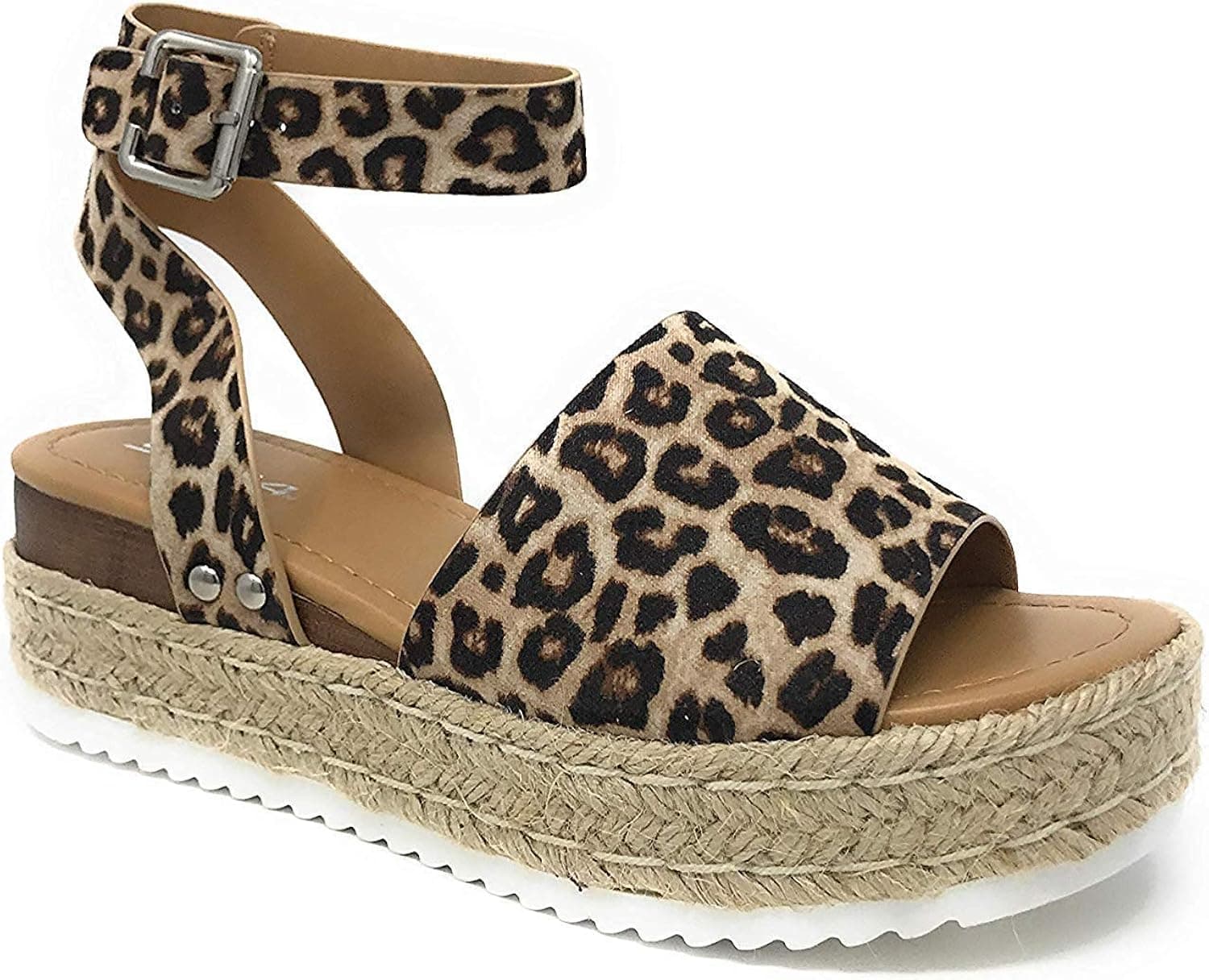 Womens Casual Espadrilles Trim Rubber Sole Flatform Studded Wedge Buckle Ankle Strap Open Toe Sandal (6.5 M US, Oat Cheeta)