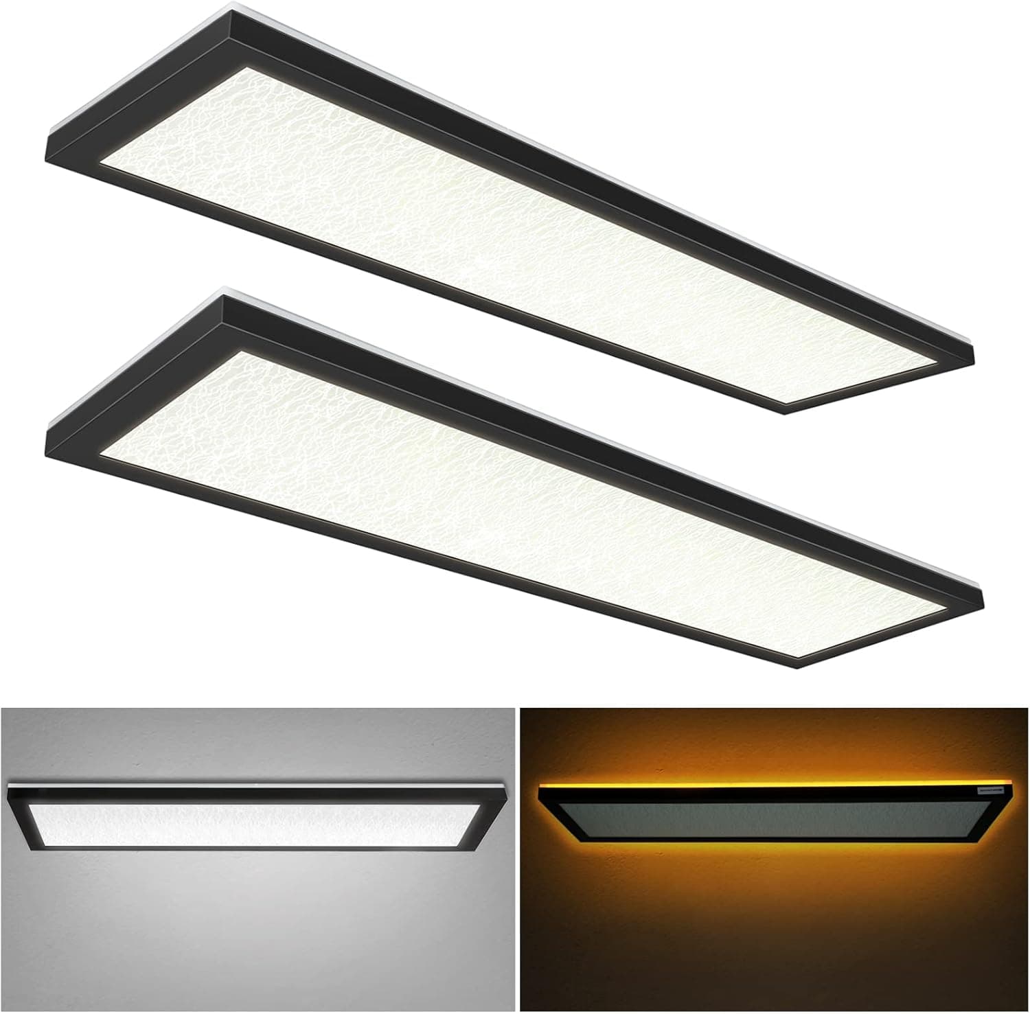 1x4 FT Crackle Lens 3CCT LED Flat Panel Flush Mount Light with Night Light, ORB, 4800LM, 48W, 3000/4000/5000K Selectable, Dimmable Ultra Slim Edge-Lit Surface Mount Ceiling Light for Kitchen, 2 Pack