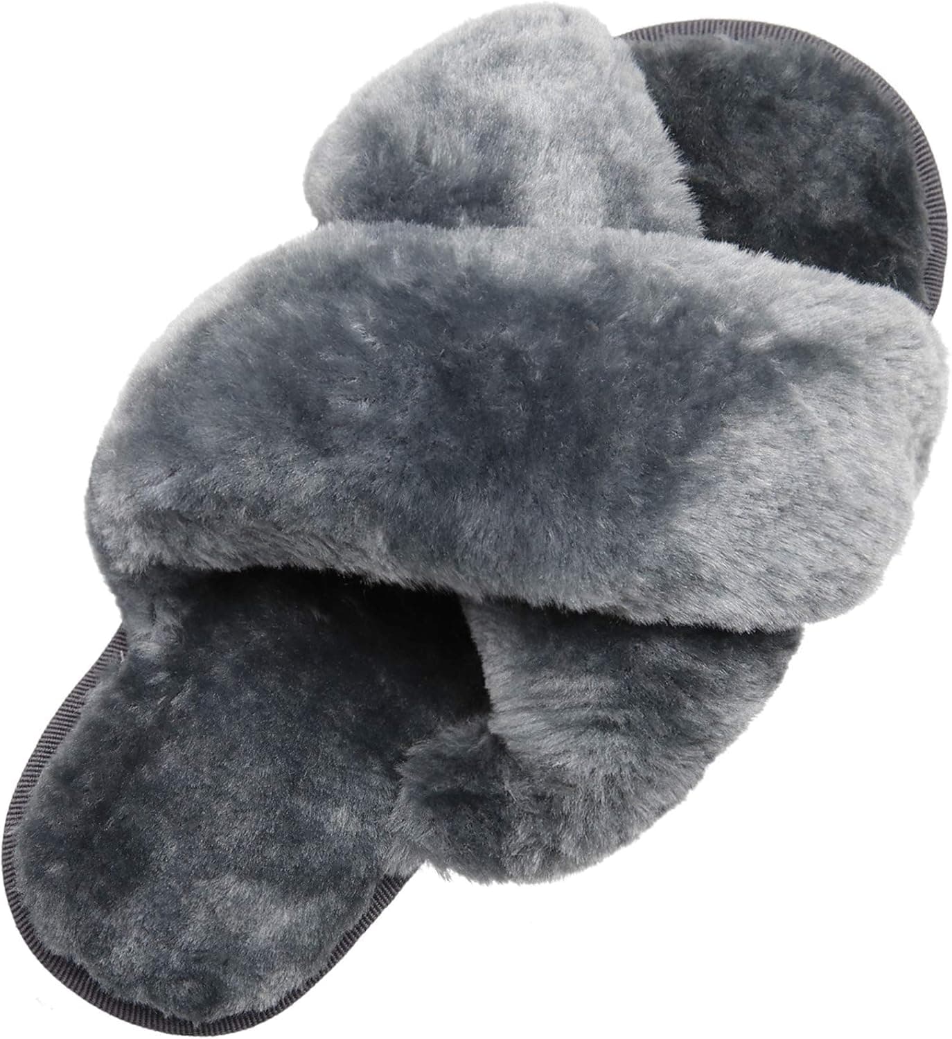 Cozy House Slippers for Women for Indoor and Outdoor Fuzzy Slippers Womens with Cross Band Open Toe Slippers Women Plush Fleece House Shoes Grey 8-9