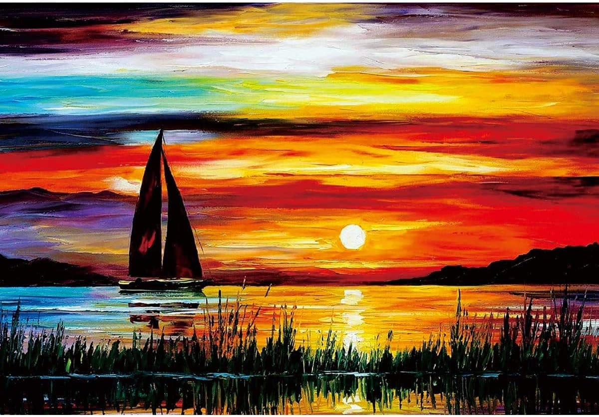Moruska Sunrise Sailing Boat Puzzle for Adults 1000 Piece Wooden Jigsaw Puzzle Gradient Color Oil Painting Art Puzzles Difficult and Unique