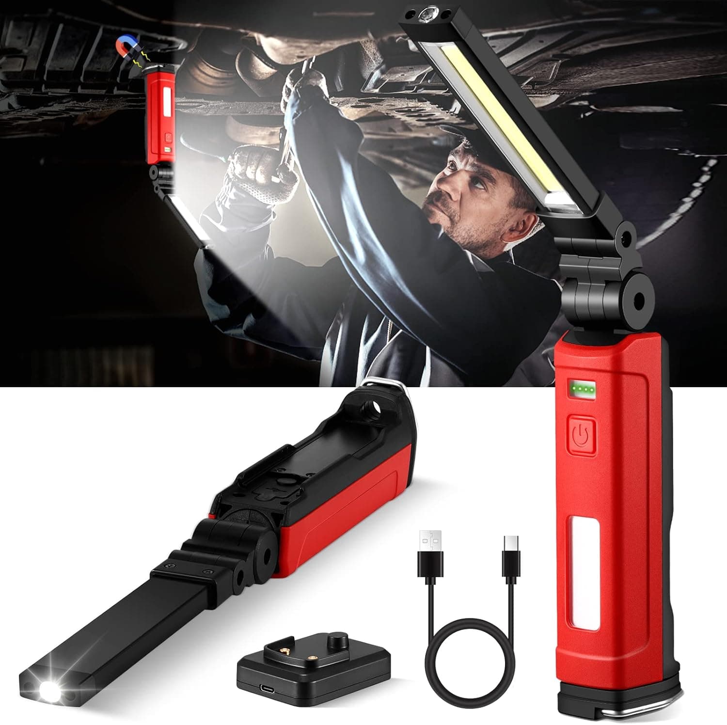 Work Light, BTBHIHO Rechargeable LED Work Light 1100 Lumens Bright Magnetic Underhood Light 4 Modes with Hooks 360°Foldable & Rotate Portable Cordless Mechanic Light for Car Repairing/Emergency/Garage