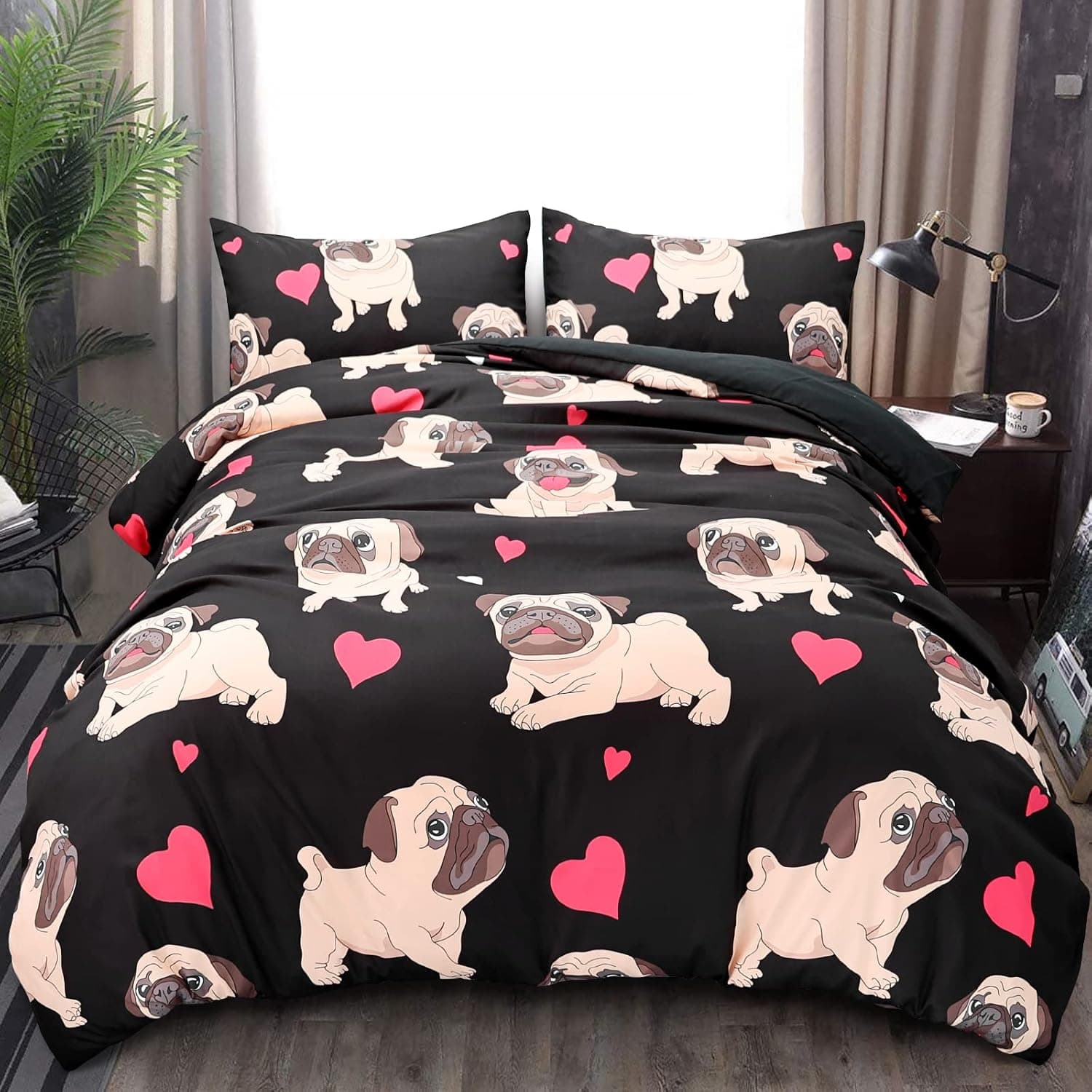 ZHH Pug Puppy Duvet Cover Sets Kids' Bedding Set Ultra Soft Microfiber Cute Animal Dog Pattern Boys Children's Quilt Cover Bedding Set, 1 Duvet Cover + 2 Pillowcases(Full Size)