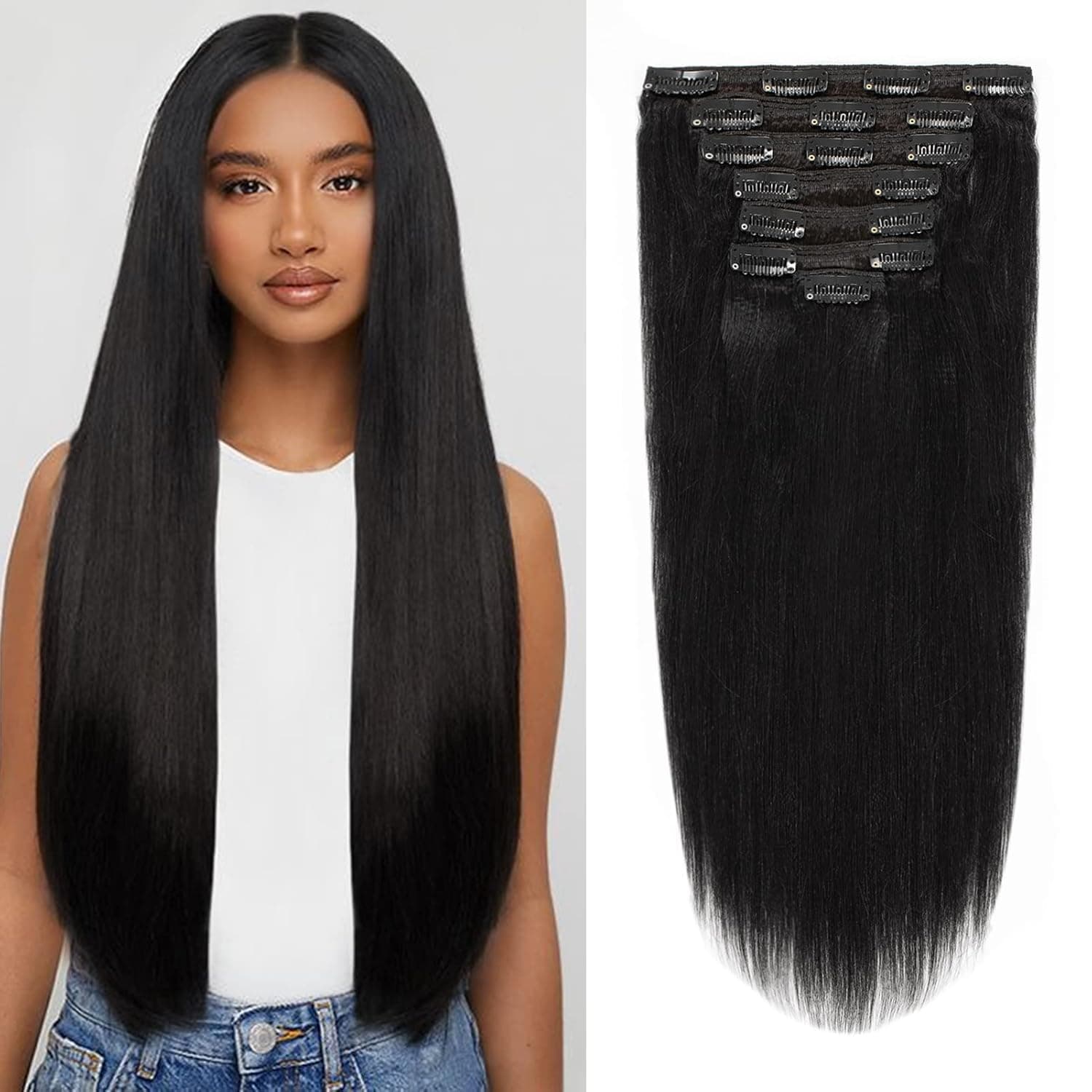Yaki Straight Remy Hair Clip In Hair Extensions 8A Grade 100% Real Thick Hair Italian Fashion Curly Clip Ins #1 Jet Black Full Head African Americans For Black Women 7pcs/set 120g/set 12 Inch