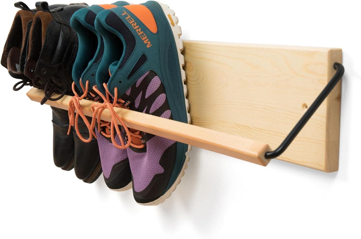PeachyModern Wall Mounted Shoe Rack - A wooden, modern, slim, and small shoe rack that makes it a compact entryway shoe storage solution for shoes, boots, and kids shoes in narrow spaces, entryways, or hallways. (Pine, 30-in-wide)