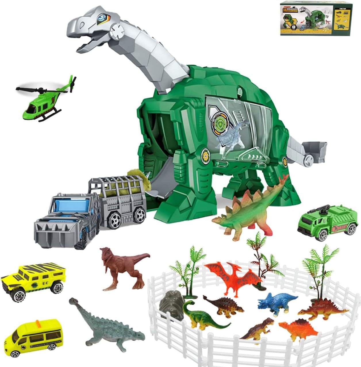 Dinosaur Toys for Kids 1 Dinosaur Model with Storage Function Toys with Small Dinosaur Models,Inertial Toy Cars,Fences,Trees,Stone,Funniest Dinosaur Toys for Kids Boys Girls Birthday Gift