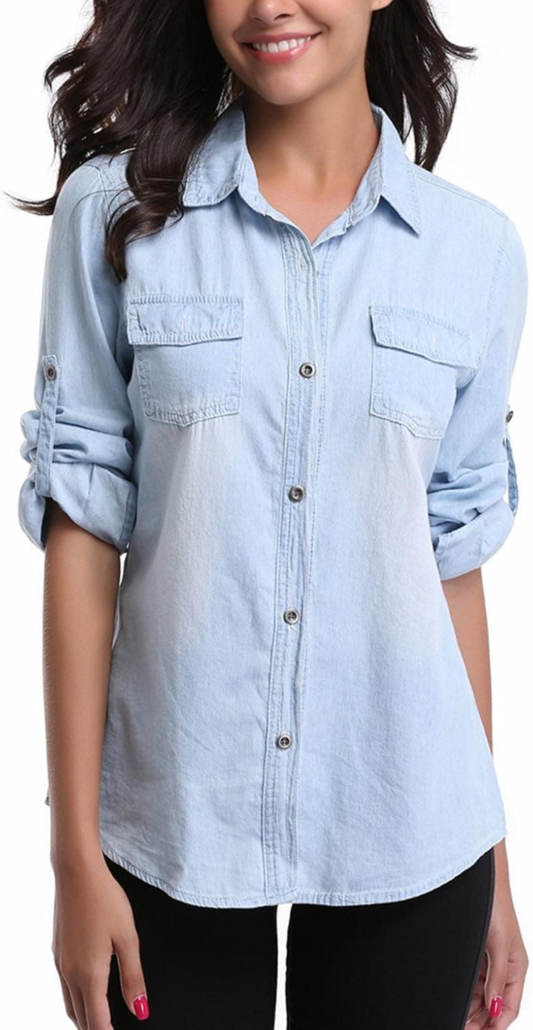 MISS MOLY Denim Shirt Women Washed Rolled Long Sleeve Point Collar Tops w 2 Chest Flap Packets Sky Blue