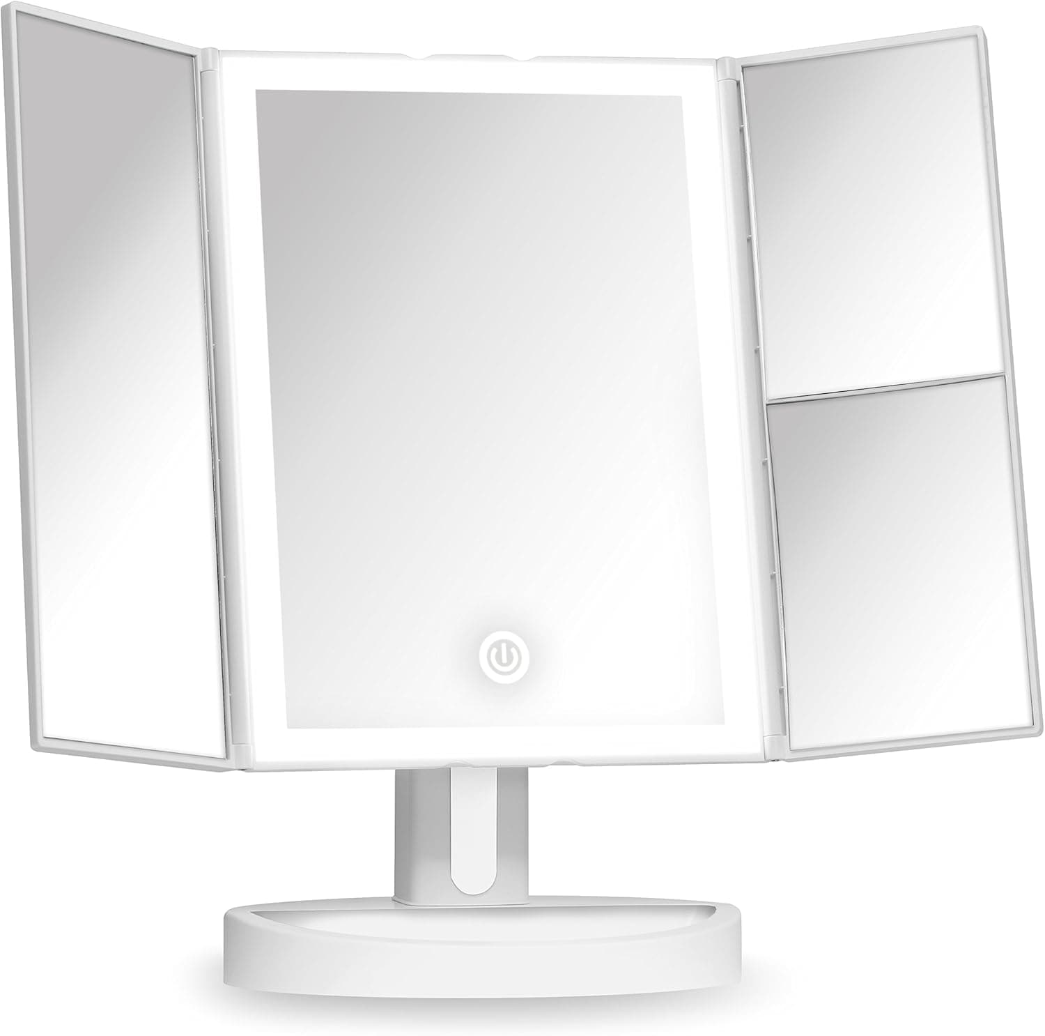 Fancii Trifold Vanity Mirror with LED Lights, Lighted Makeup Mirror with 5X 10x Magnifications - 34 Dimmable Natural Lights, Touch Screen Adjustable Countertop Table Mirror with Cosmetic Stand - Tria