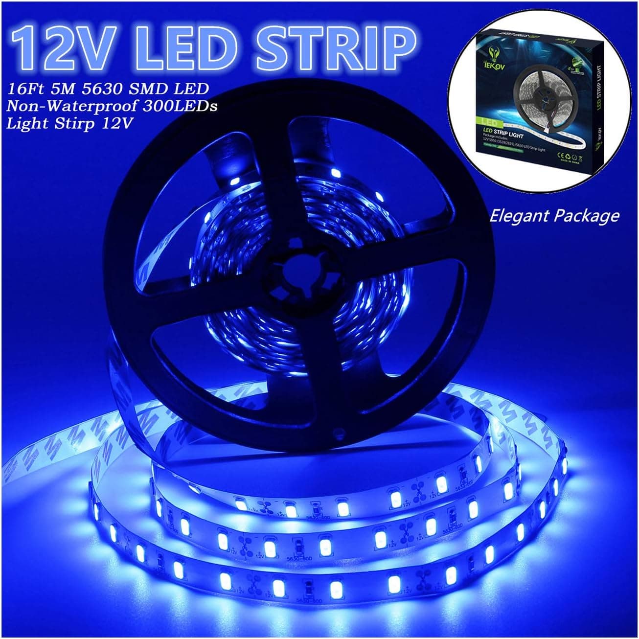 Led Strip Lights, IEKOV™ 5630 SMD 300LEDs Non-Waterproof Flexible Xmas Decorative Lighting Strips, LED Tape, 5M 16.4Ft DC12V (Blue)