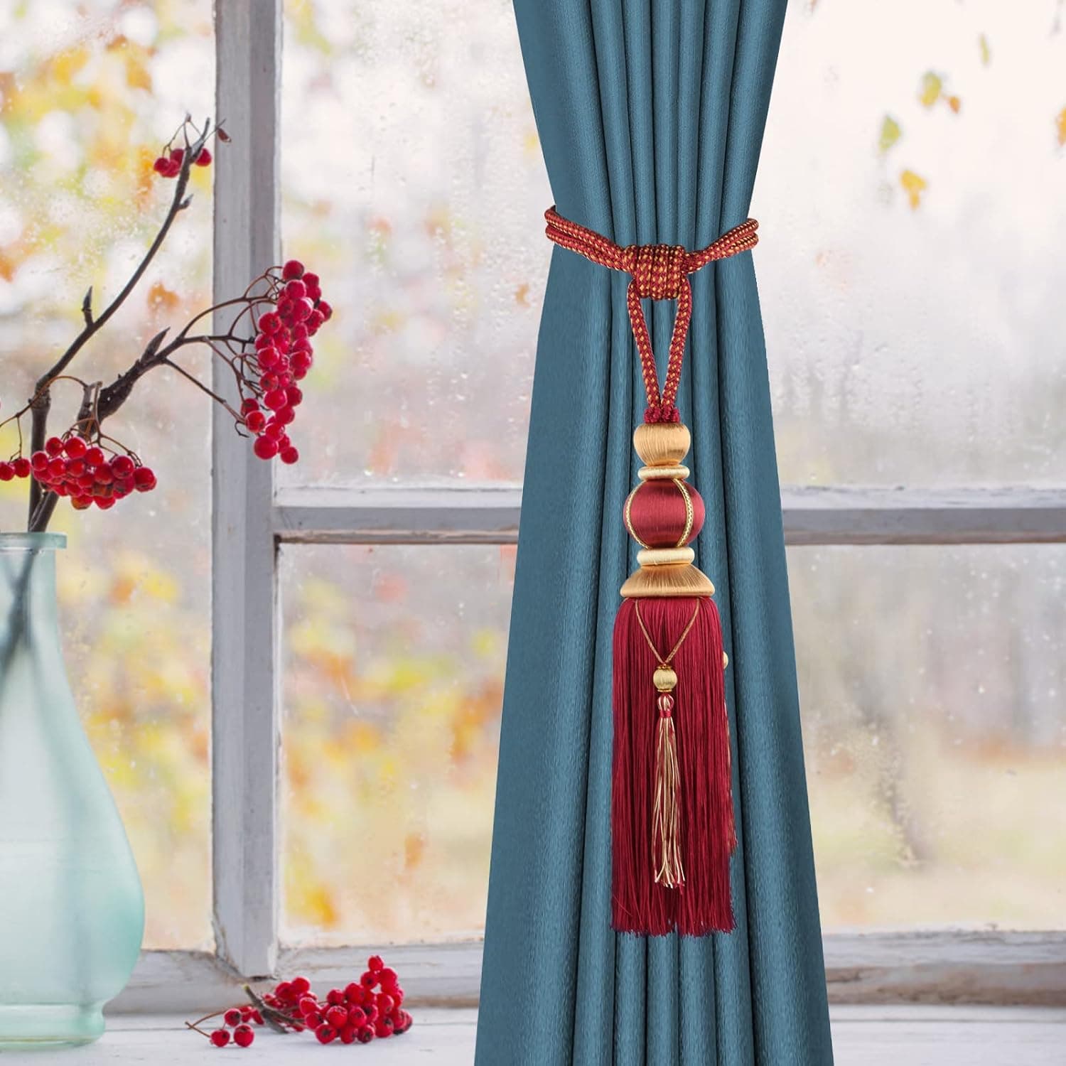 Paired Lantern Single Hanging Ball Tassels Curtains Buckle Sling Binding Lantern Tiebacks Handcrafted Braided Buckle Drapery Curtain Holdbacks Window Treatments for Home 2 Pack(Dark Blue)