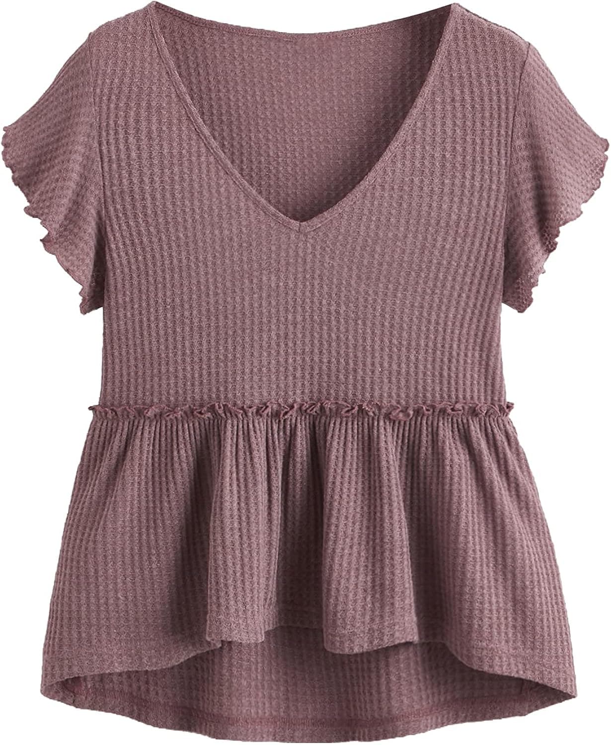 Floerns Women's Casual V Neck Ruffle Short Sleeve Knit Peplum Blouse Tops