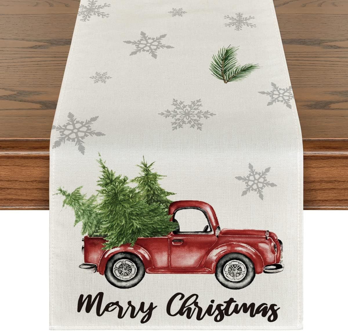 Artoid Mode Merry Christmas Trees Red Truck Table Runner, Seasonal Winter Xmas Holiday Kitchen Dining Table Decoration for Indoor Outdoor Home Party Decor 13 x 72 Inch