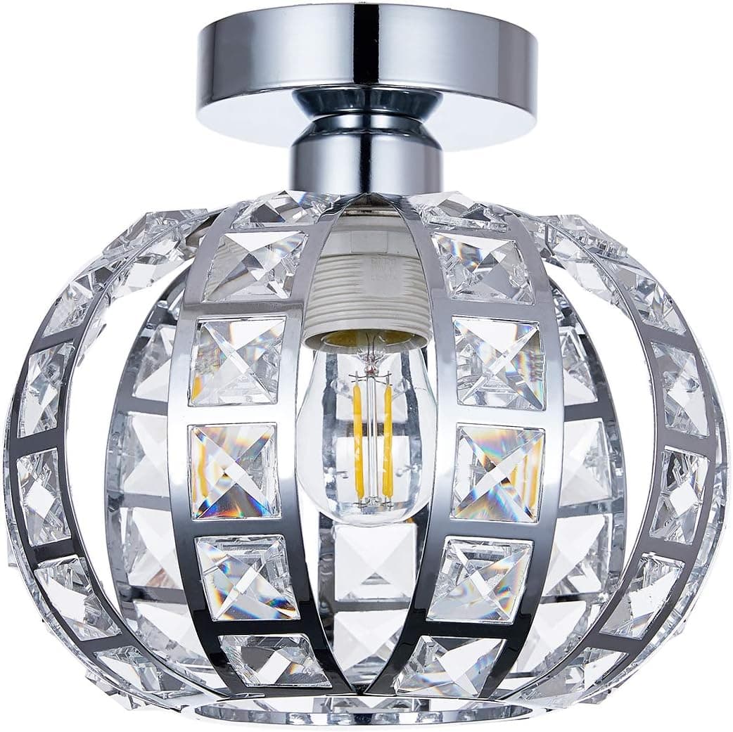 KRASTY Modern Globe Crystal Ceiling Light Fixtures Metal Chrome Semi Flush Mount Chandelier Ceiling Light,Silver Ceiling Lights for Kitchen Island Dining Room Living Room Bedroom Hallway