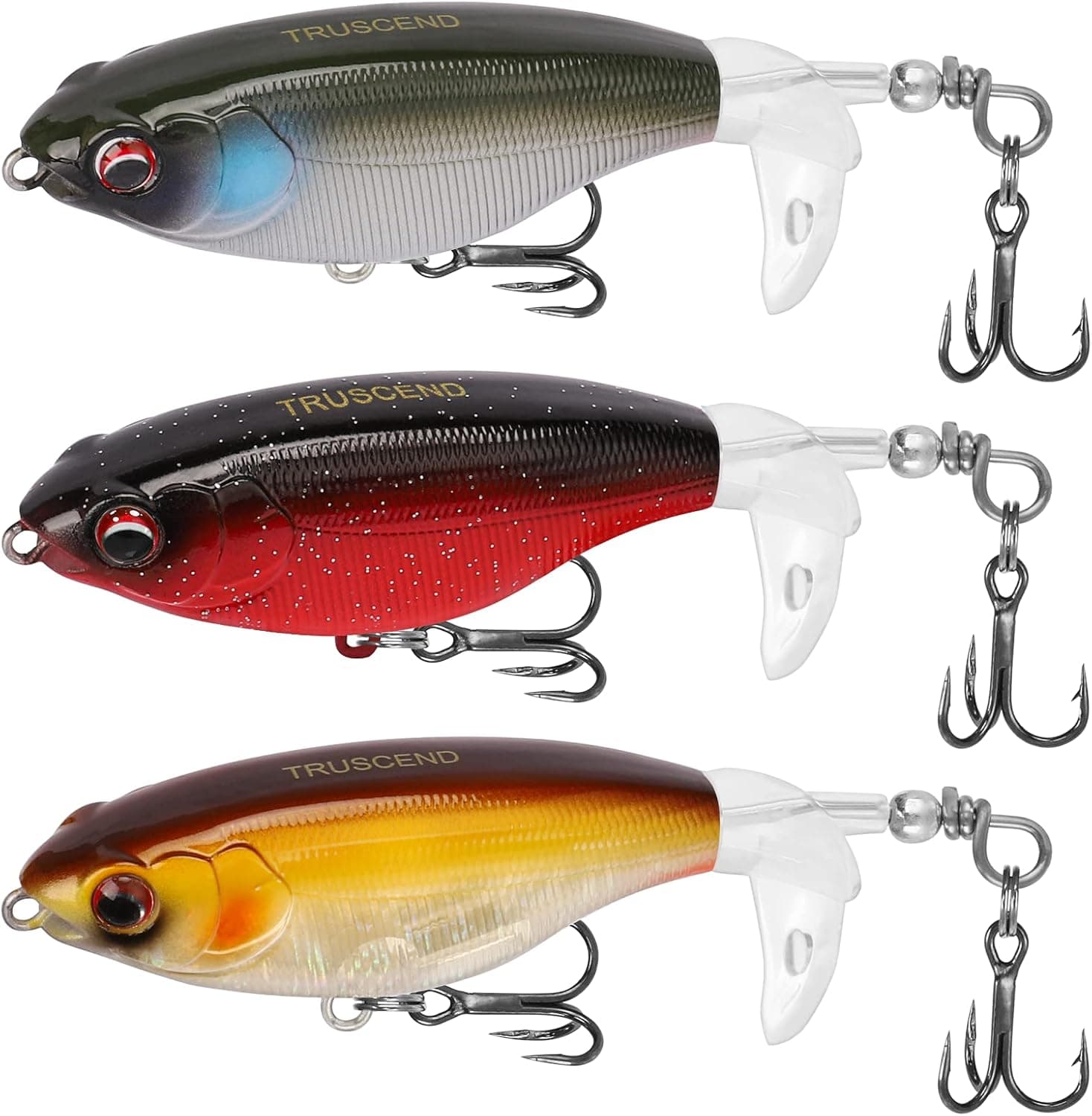 TRUSCEND Topwater Fishing Lures with BKK Hooks, Pencil Plopper Fishing Lures for Bass Catfish Pike Perch, Top Water Bass Bait Lure with Propeller Tail, Pencil Floating Lure Freshwater or Saltwater