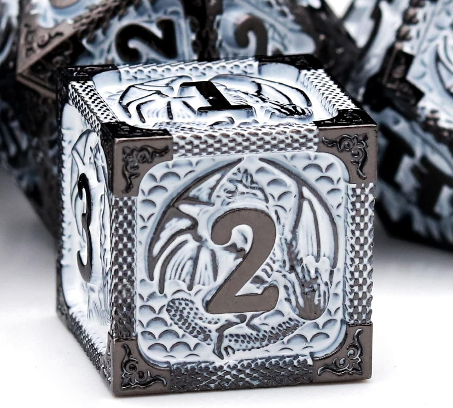 Haxtec Metal Dice Set White Black Dragon Pattern Metal DND Dice with Leather Dice Bag Polyhedral D&D Dice for Dungeons and Dragons TTRPG Gifts