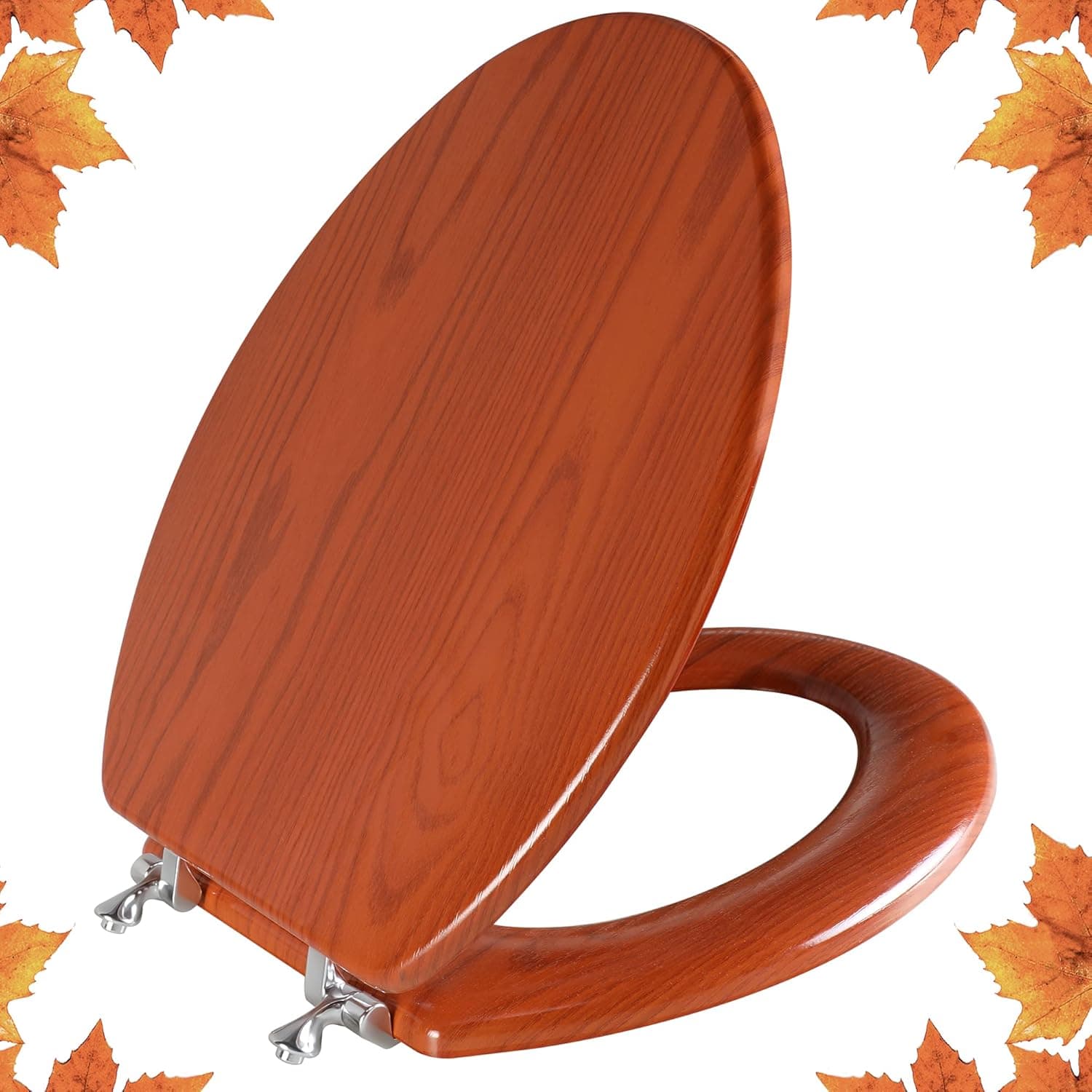 Elongated Toilet Seat Molded Wood Toilet Seat with Zinc Alloy Hinges, Easy to Install also Easy to Clean, Anti-pinch Wooden Toilet Seat by Angol Shiold (Elongated, Orange-red)