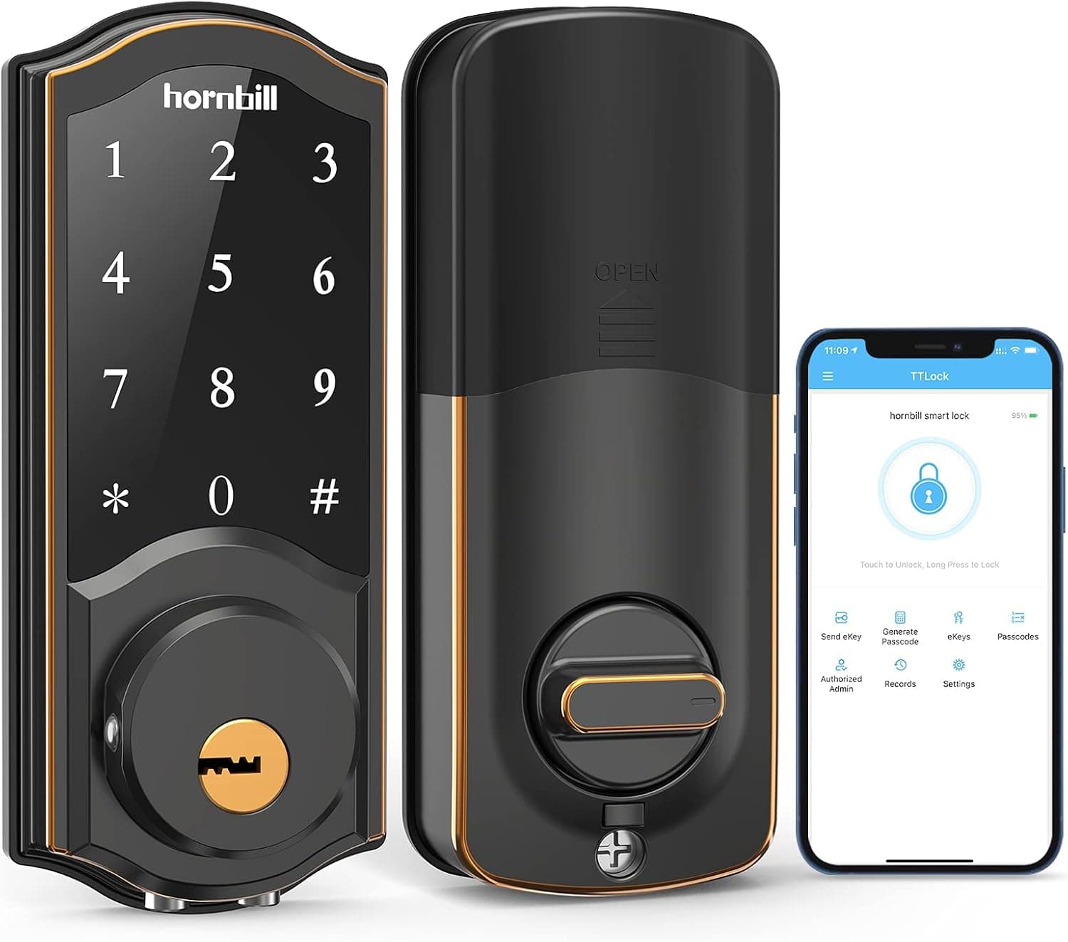 Smart Lock Deadbolt, Hornbill Digital Keyless Entry Door Lock with Keypad, Bluetooth Electronic Smart Locks for Front Door, APP Control, Code, Key, Auto Lock for Home Office Apartment, Matte Black