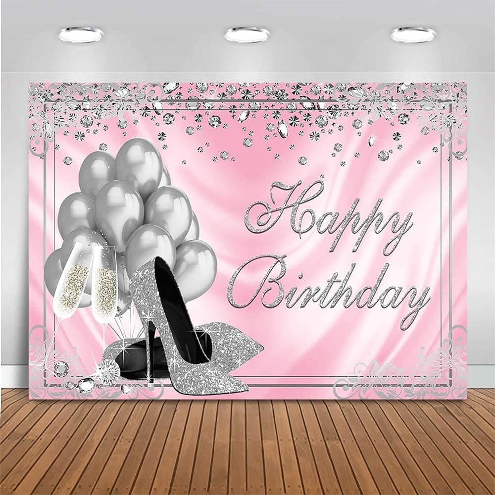 Mocsicka Pink Silver Happy Birthday Backdrop 7x5ft Glitter Silver High Heels Balloon Birthday Photography Background for Women Sweet 16 21st 30th 40th 50th Bday Party Banner (7x5ft (82x60 inch))
