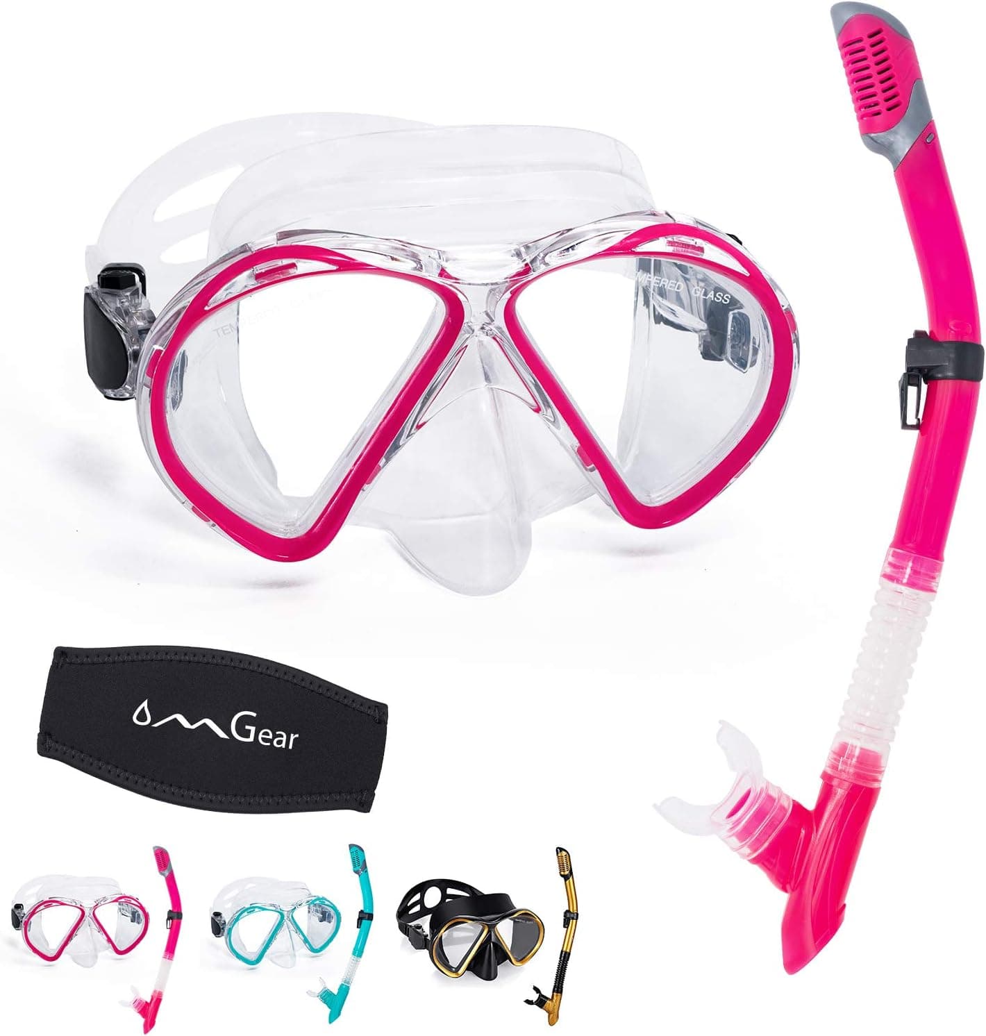 OMGear Snorkel Set Mask and Snorkel Dive Mask Snorkel Kit Swim Goggles with Nose Snorkeling Glasses Dry Snorkel Gear Scuba Diving Swimming with Neoprene Strap Mesh Bag