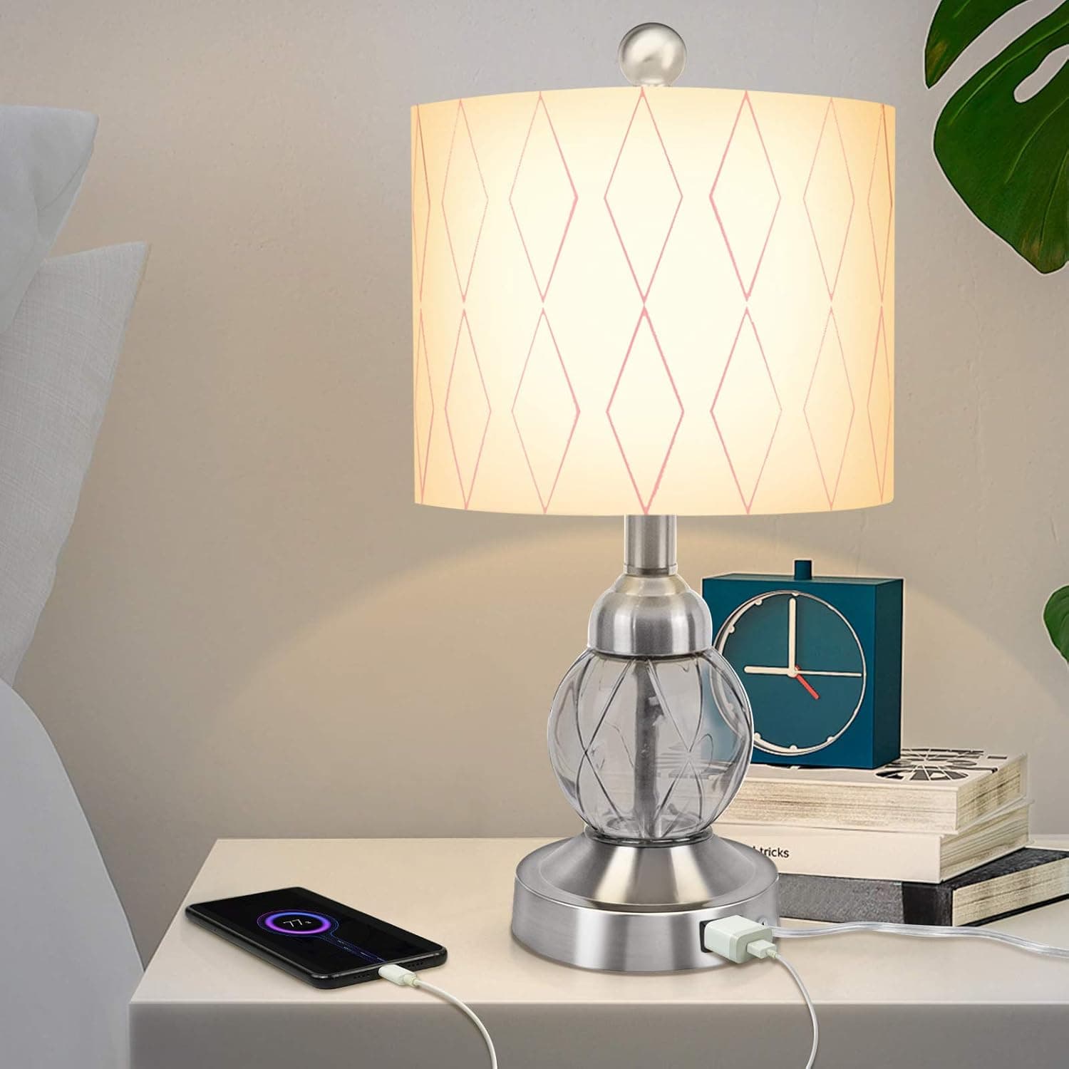 KAYBELE Crystal Table Lamp, 3-Way Dimmable Bedside Lamp with AC Outlet, 18 Inches Nightstand Lamp with White Fabric Drum Lampshade for Living Room, Bedroom, Chrome Metal Base, Pink