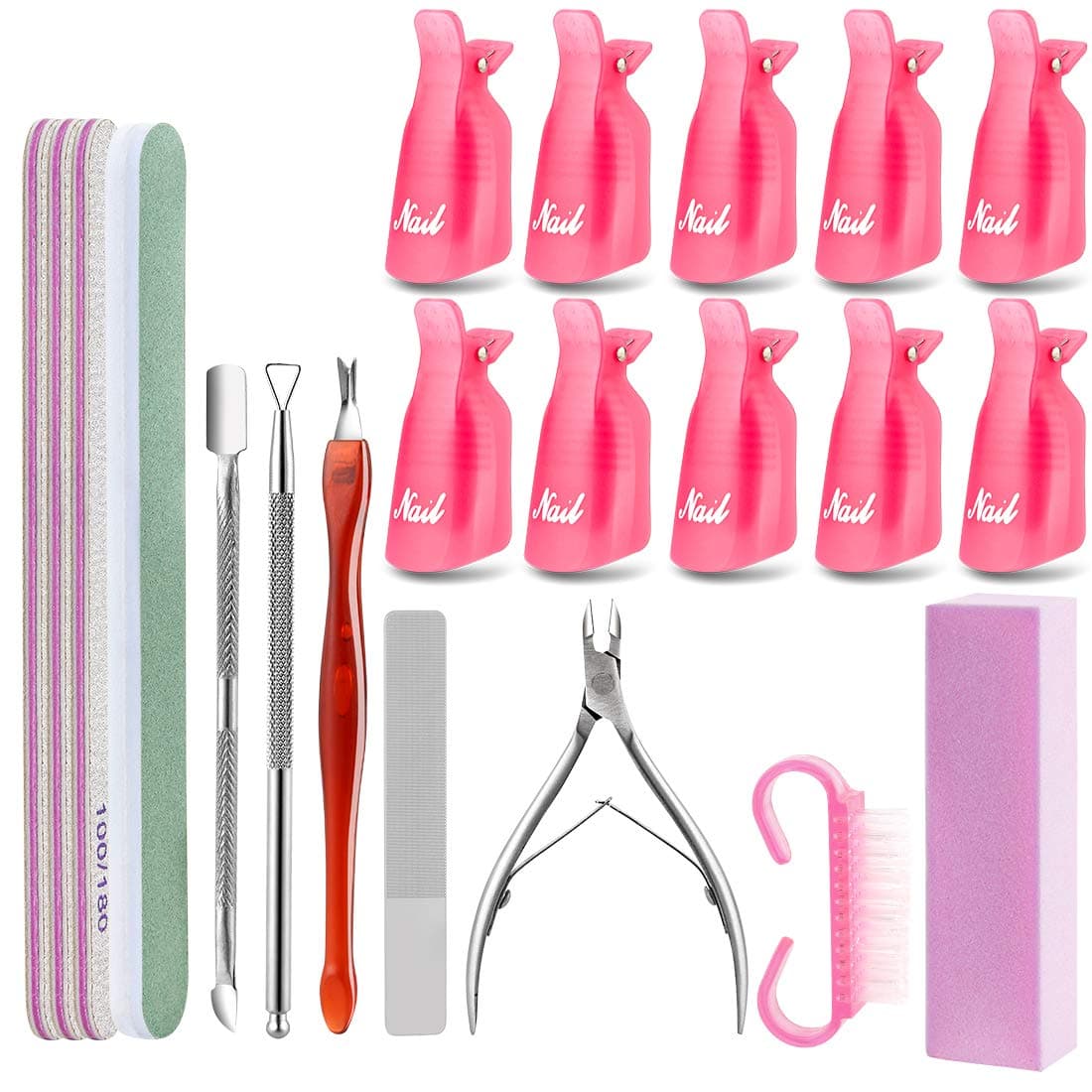 Nail Polish Remover Tools Kit with Nail Clips,Triangle Peeler Scraper,Cuticle Nipper,Cuticle Pusher,Cuticle Trimmer,Glass Nail Shiner,100/180 Grit Nail Files,Buffer Block and Nail Brush