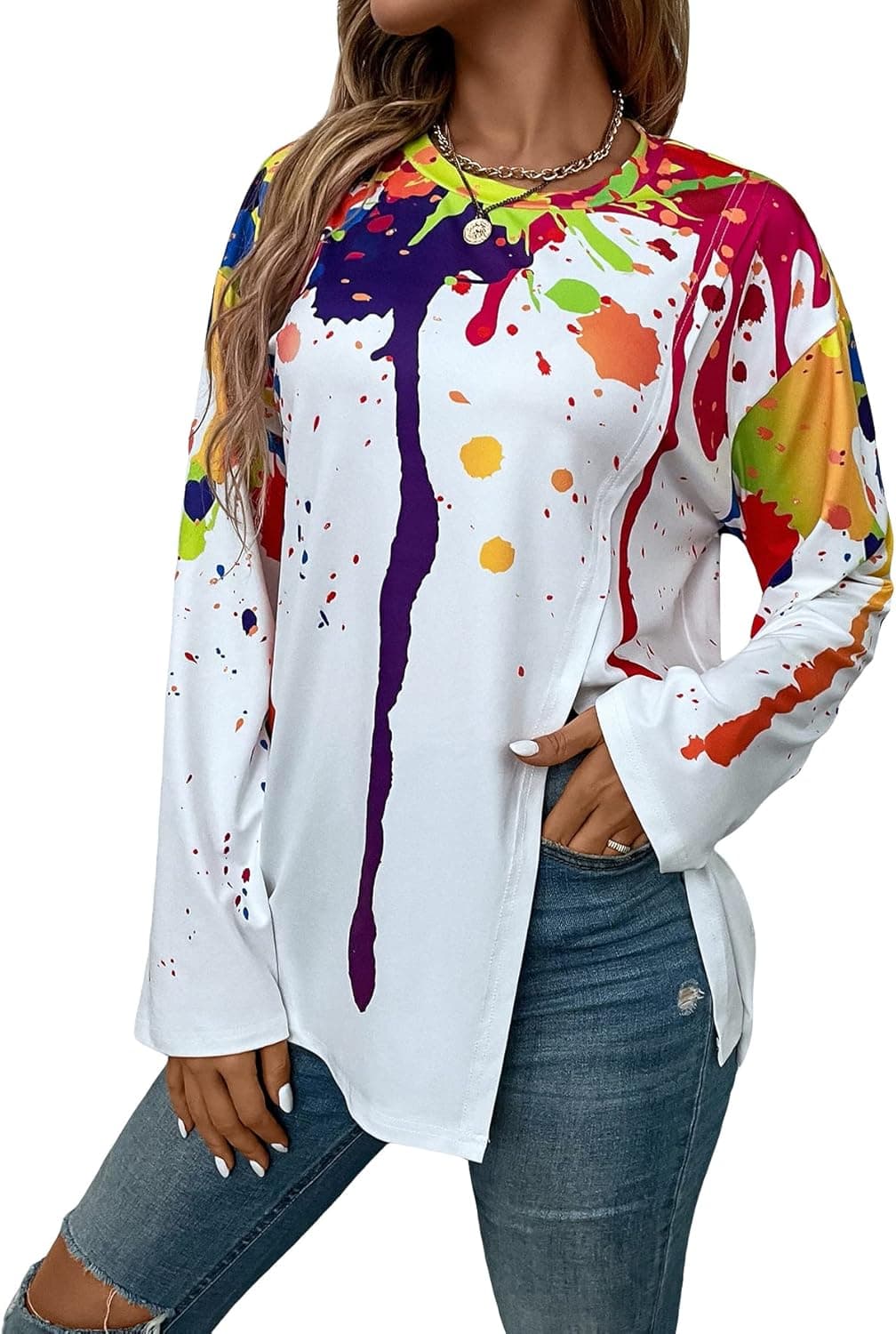 WDIRARA Women's Causal Long Sleeve Crewneck Colorful Ink Print Graphic Split Hem Tops T Shirt