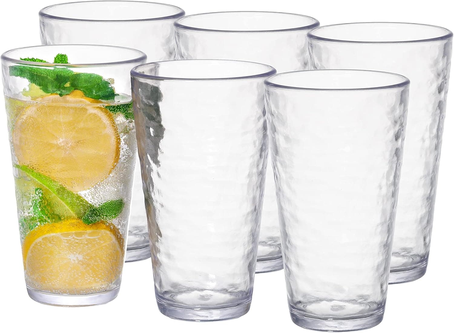 KLIFA- RIPPLE- 22.5 ounce, Set of 6, Acrylic Highball Drinking Glasses Cups, BPA-Free, Stackable Plastic Drinkware, Dishwasher Safe, Clear