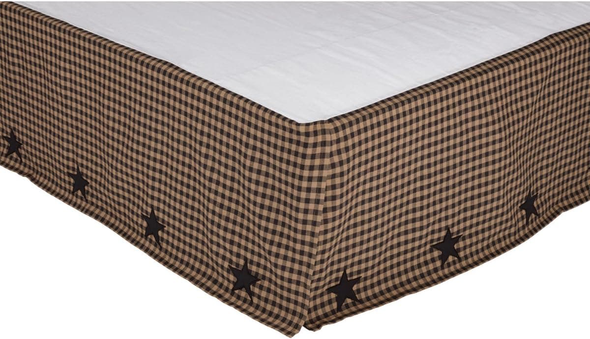 VHC Brands Check Star Cotton Primitive Split Corners Appliqued Queen Bed Skirt, Raven Black