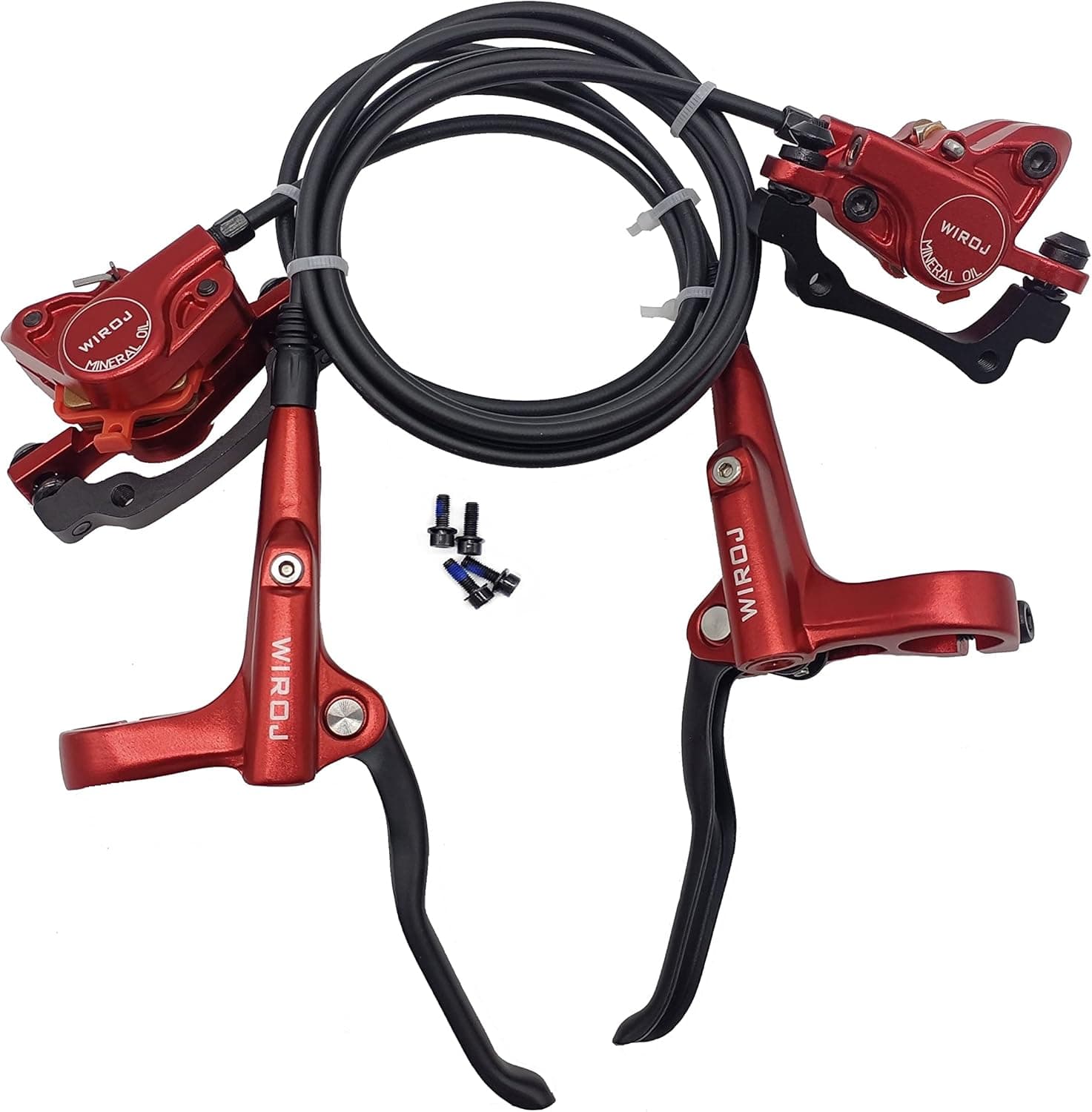 WIROJ Mountain Bike Hydraulic Disc Brake Set, Front & Rear Disc Brake Kit Fit Bicycle MTB XC Trail, e-Bike, Fat Bike, Upgrade kit for Mechanical Disc Brake (Red - Right Front & Left Back)