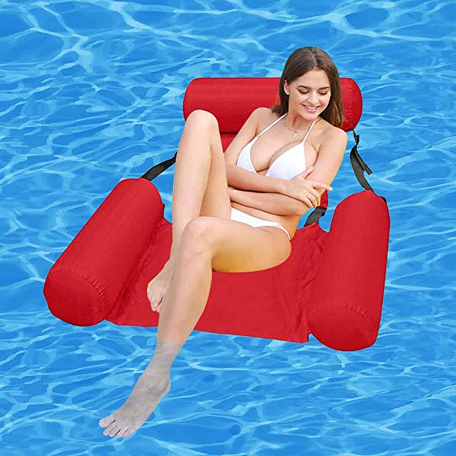 JIAKELOVEYI Water Hammock Pool Toys,Inflatable Ride-ons Swimming Pool Beach Floating Recliner Inflatable Water Hammock Floating Bed Lounge Chair Drifter Swimming Pool Beach Float for Adult (Red)