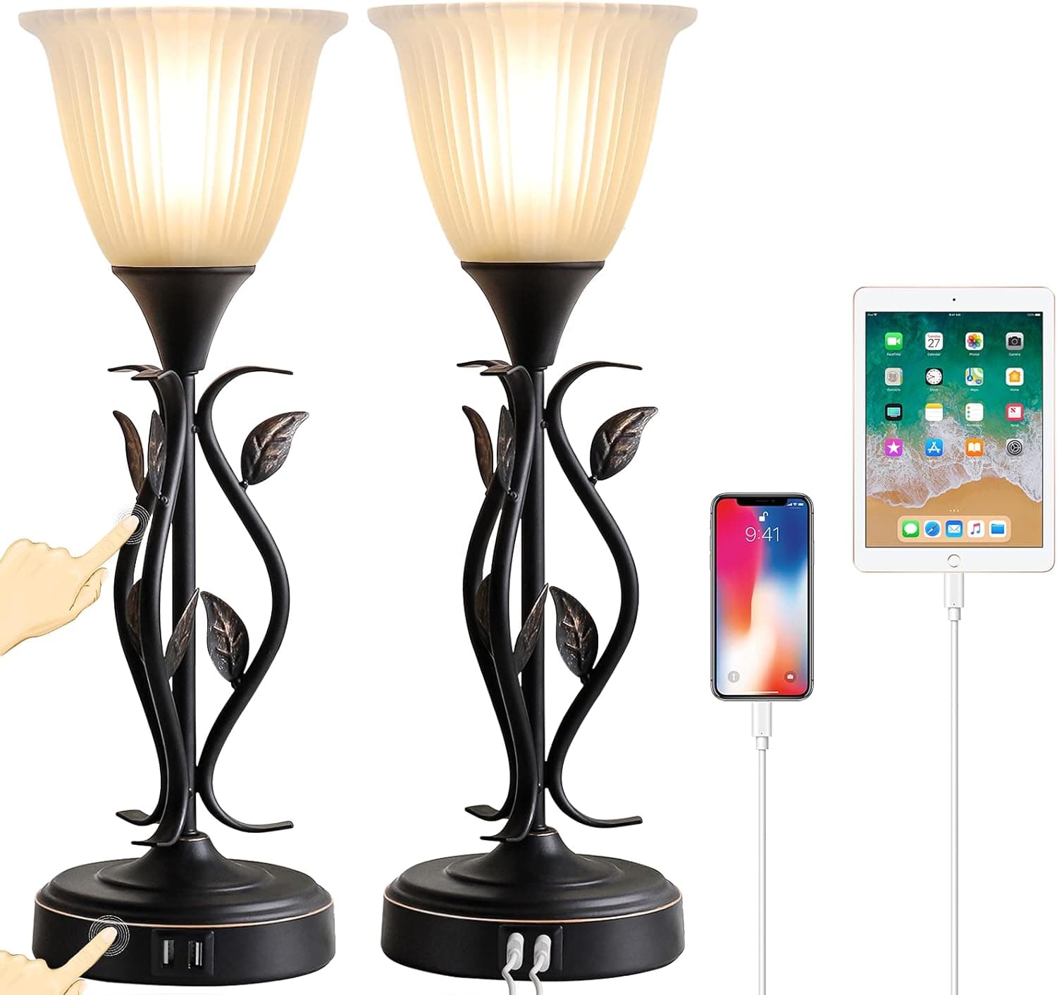 Opoway Set of 2 Touch Control Table Lamps, 3-Way Dimmable Torchiere Bedside Lamps with Dual USB Charging Ports, Leaf Body and Glass Shade Retro Lamps for Living Room, Bedroom, LED Bulb Included