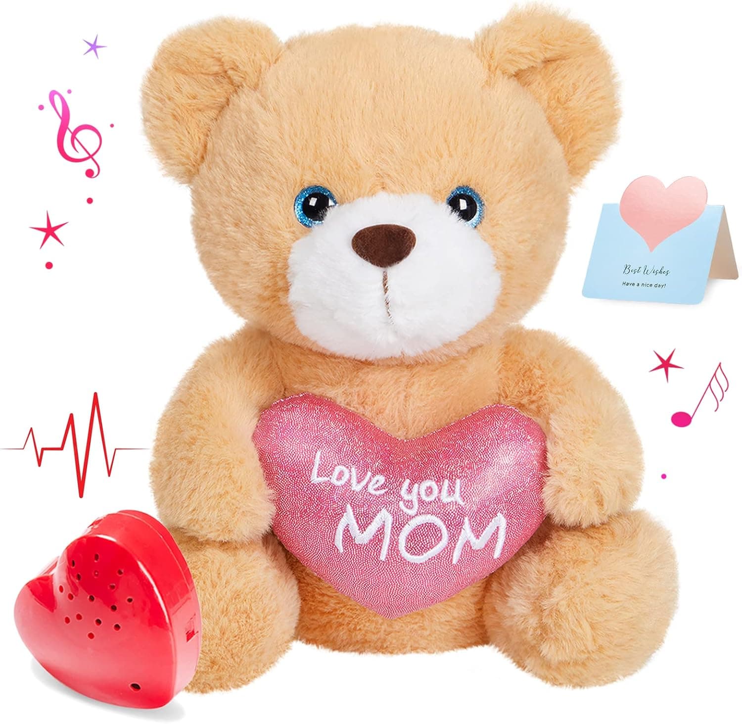 CozyWorld 10" Recordable Heartbeat Bear Stuffed Animals Love You Mom with Voice Sweet Messages Recorder Soft Plush Toy Playback Your Words Gifts for Mother's Day Mom