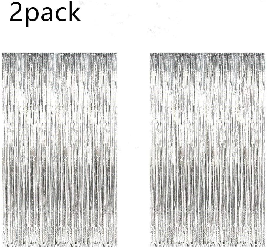 Set of 2 Silver Metallic Foil Fringe Curtains, 3 x 8ft Door & Window Curtain Party Decoration Favor, Photo Backdrop for Wedding Birthday Party Stage Decor (Silver)