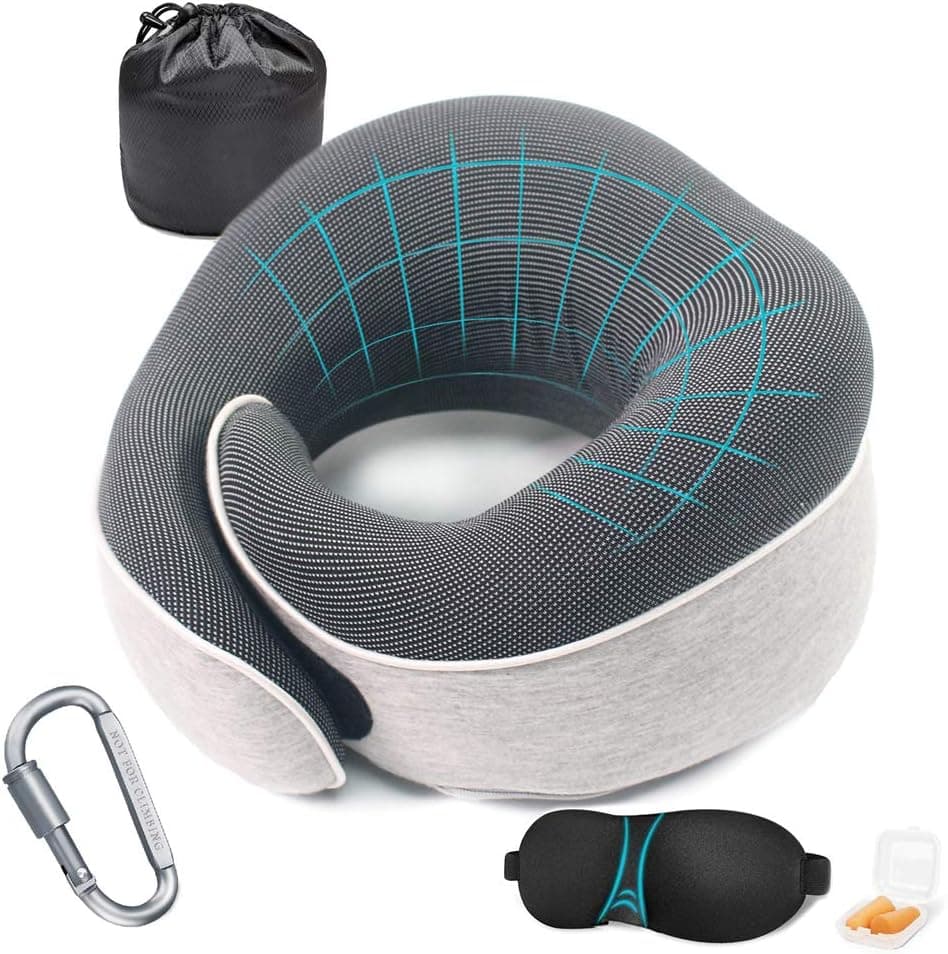Neck Pillow for Airplane Travel 100%Memory Foam Nap Pillow- Best Surround Portability Comfortable Travel Pillow.2020 Upgraded Ergonomic Cotton Soft Flight Pillow A Whole Set of Travel Kit,Gray
