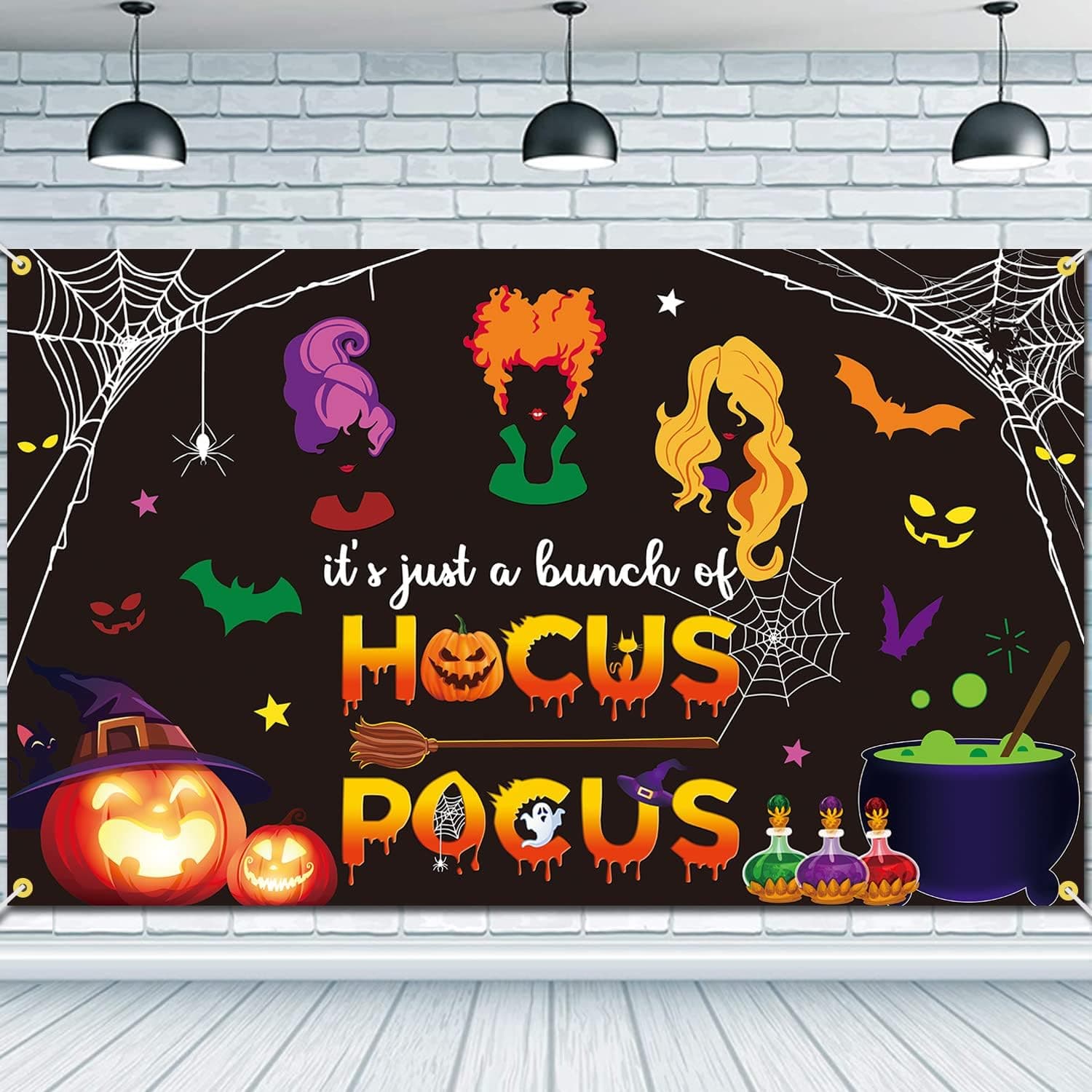JKQ Halloween It's Just a Bunch of HOCUS POCUS Backdrop Banner 73 x 43 Inch Large Size Halloween Hocus Pocus Witches Background Banner with Pumpkin Bat Spider Signs Halloween Party Decorations