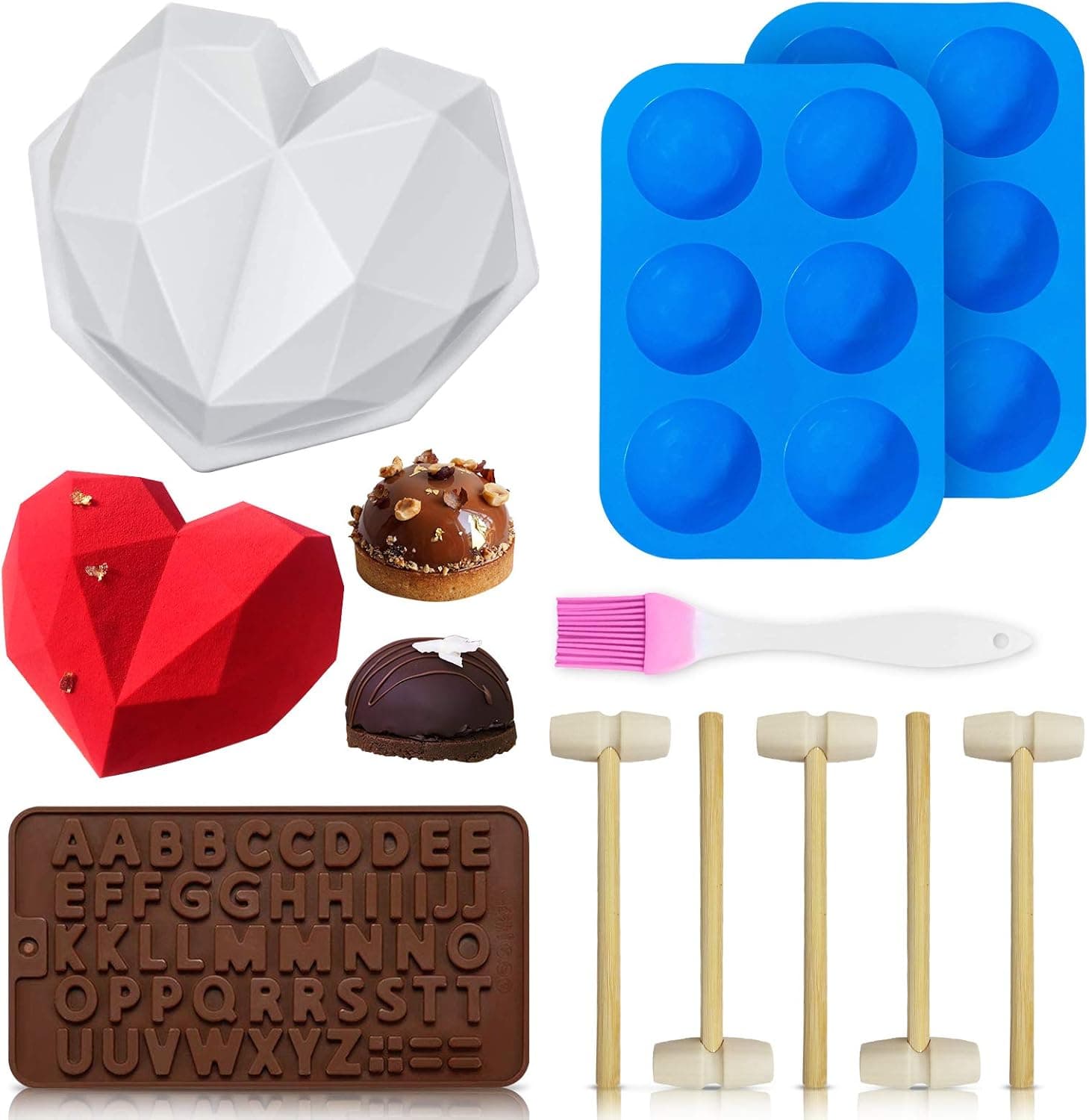 Semi Sphere Silicone Mold, Heart Mold Hot Chocolate Bomb Mold Letter Molds Silicone Mold for Chocolate, Mousse Cake, Jelly, Pudding, Dessert DIY Baking Tools with Wooden Hammers Silicone Brush