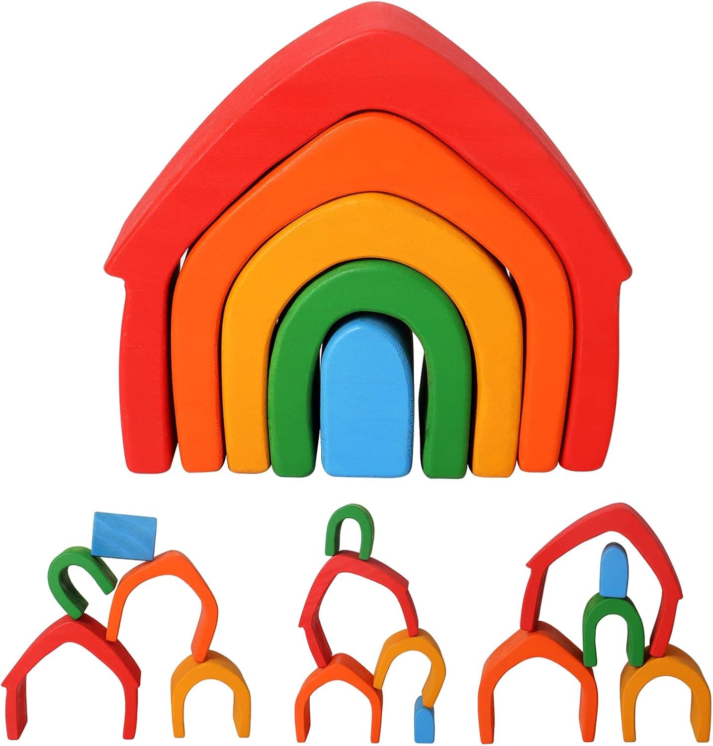 Wooden Rainbow House Stacker 5 Piece Set Montessori Kindergarten Home School Nesting can be Matched with Rainbow Blocks