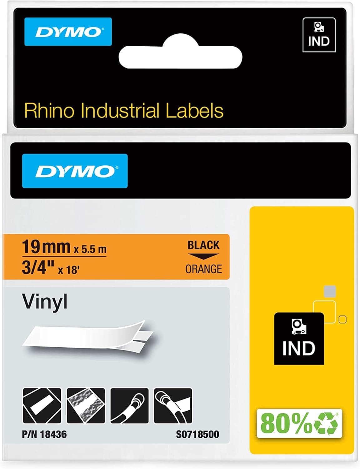 DYMO Industrial Labels for DYMO Industrial Rhino Label Makers, Black on Orange, 3/4", 1 Roll (18436), DYMO Authentic