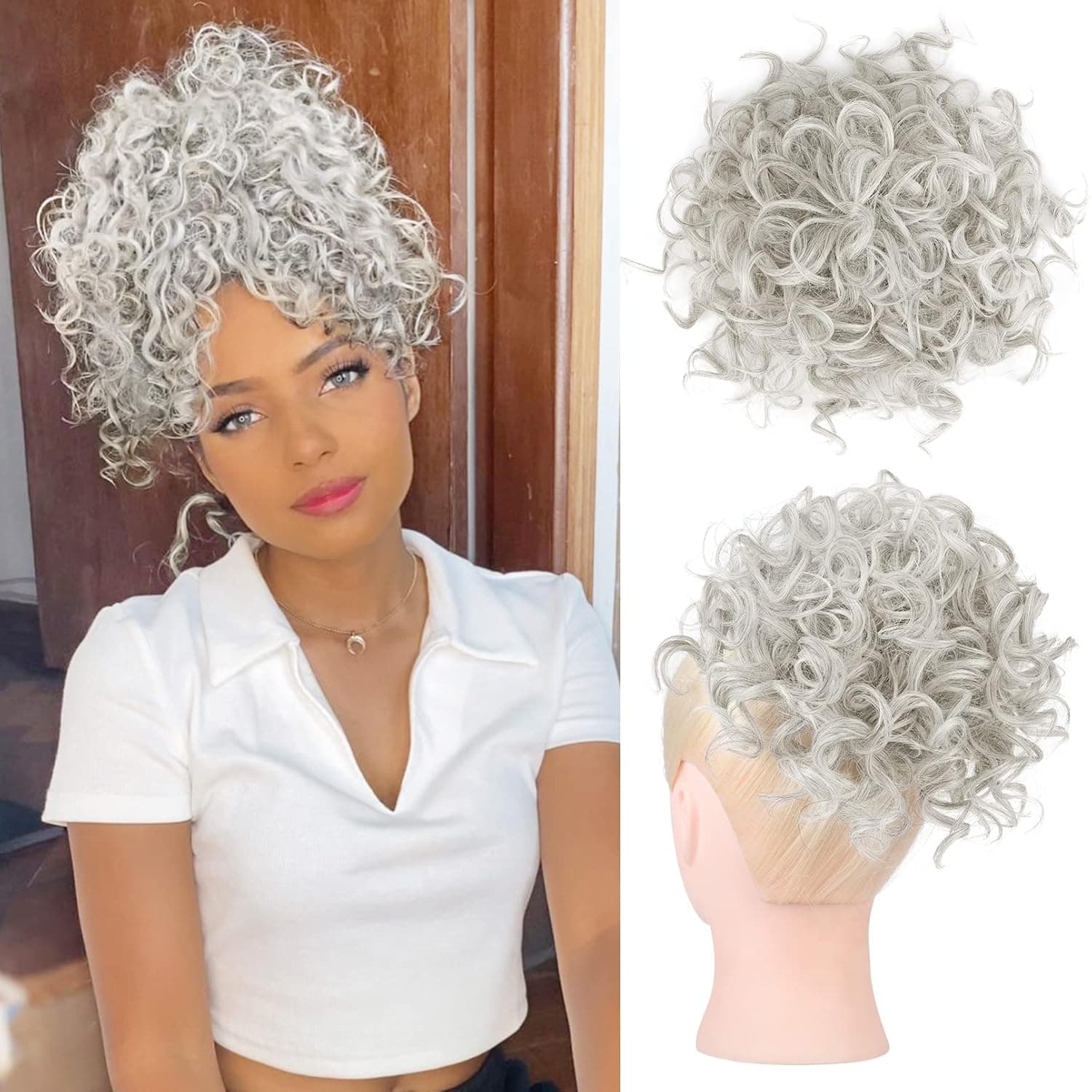 HOOJIH 1PCS Messy Hair Bun Hair Piece Elastic Drawstring Loose Wave Large Curly Bun 60 Gram Short Synthetic Ponytail Extension Hair Bun Extension for Women Daily Use - Silver Gray With Brown mixed
